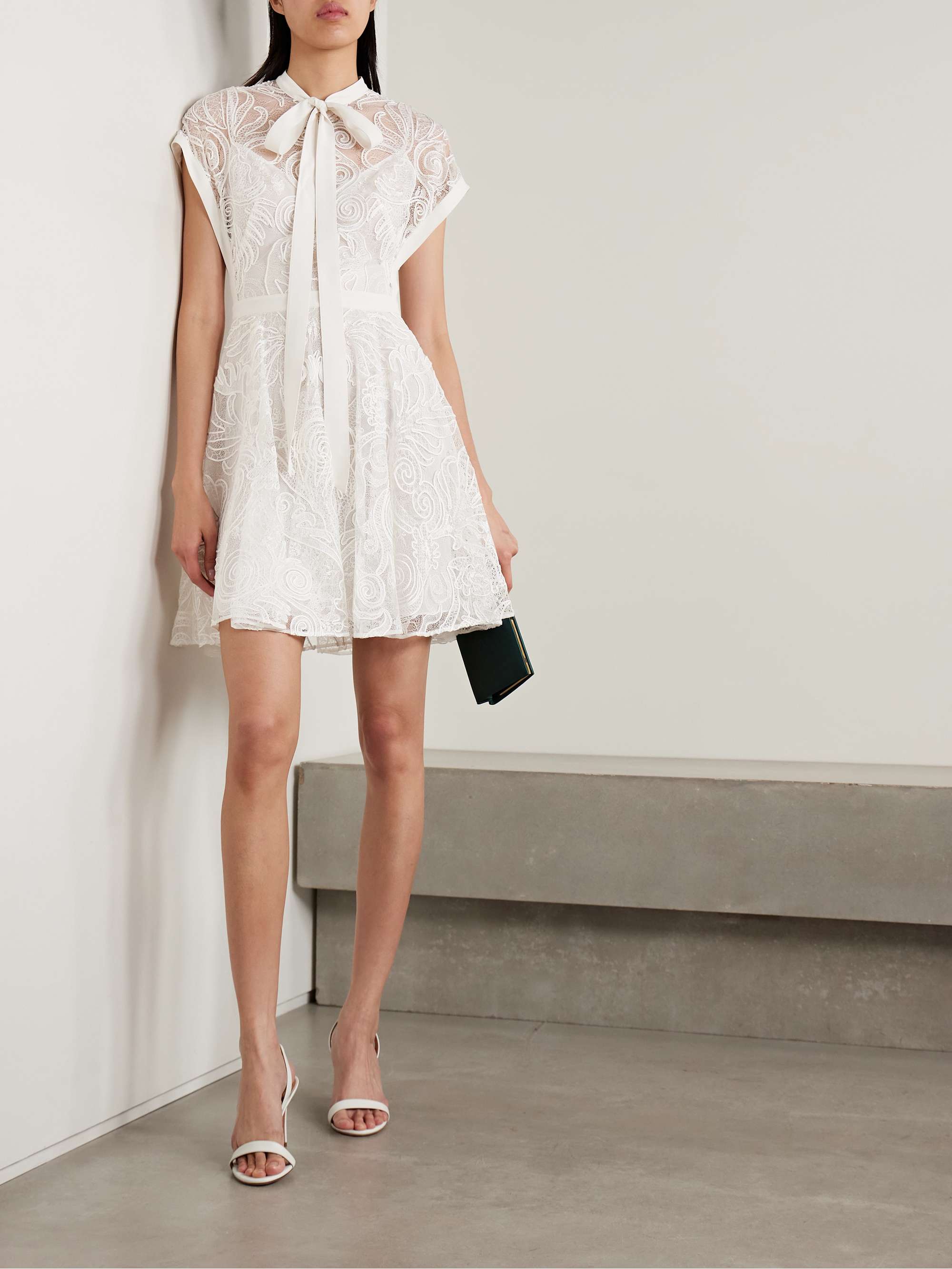 Tie-detailed crepe-trimmed corded lace mini dress view