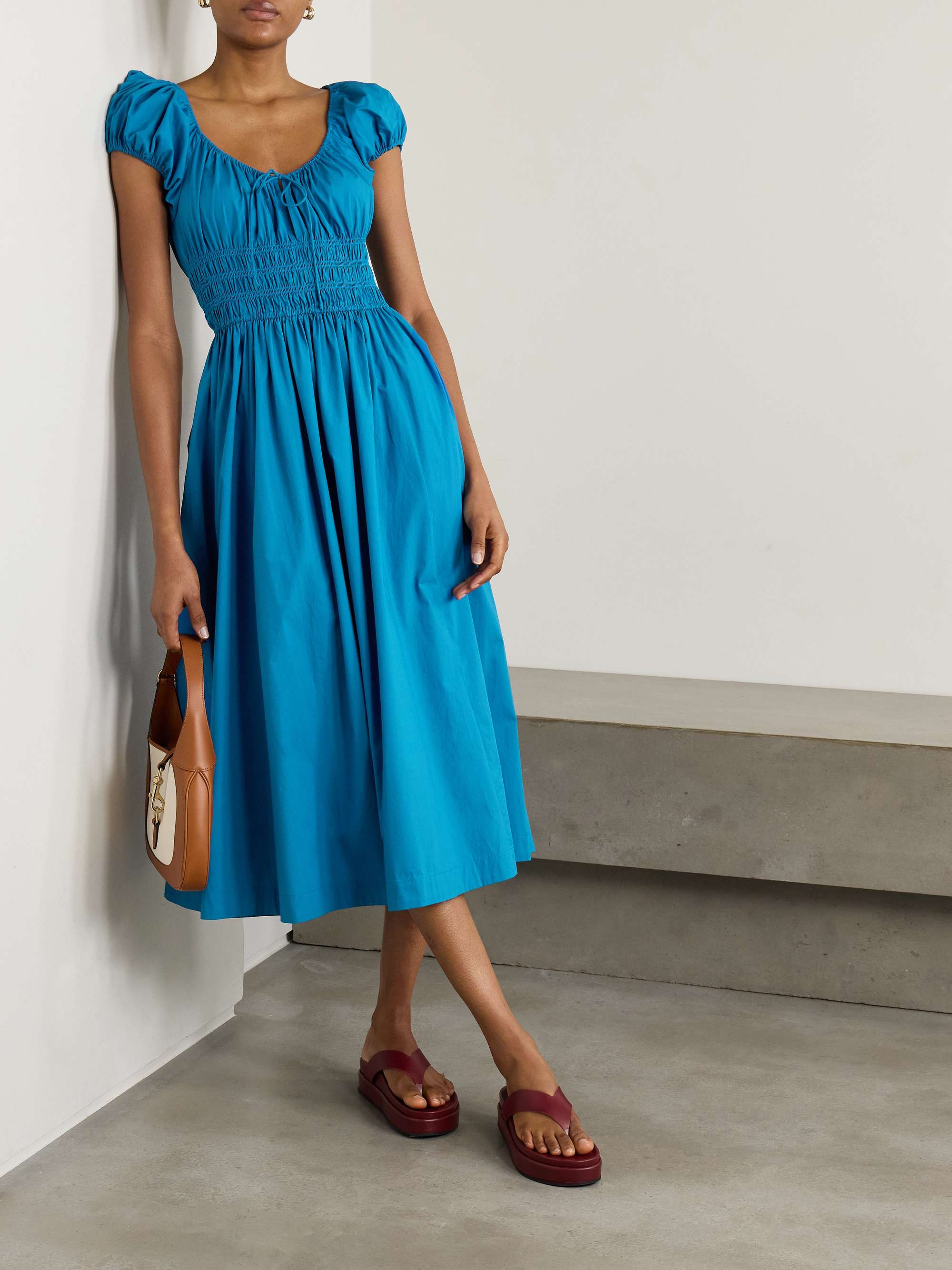Quinn tie-detailed shirred cotton-poplin midi dress view