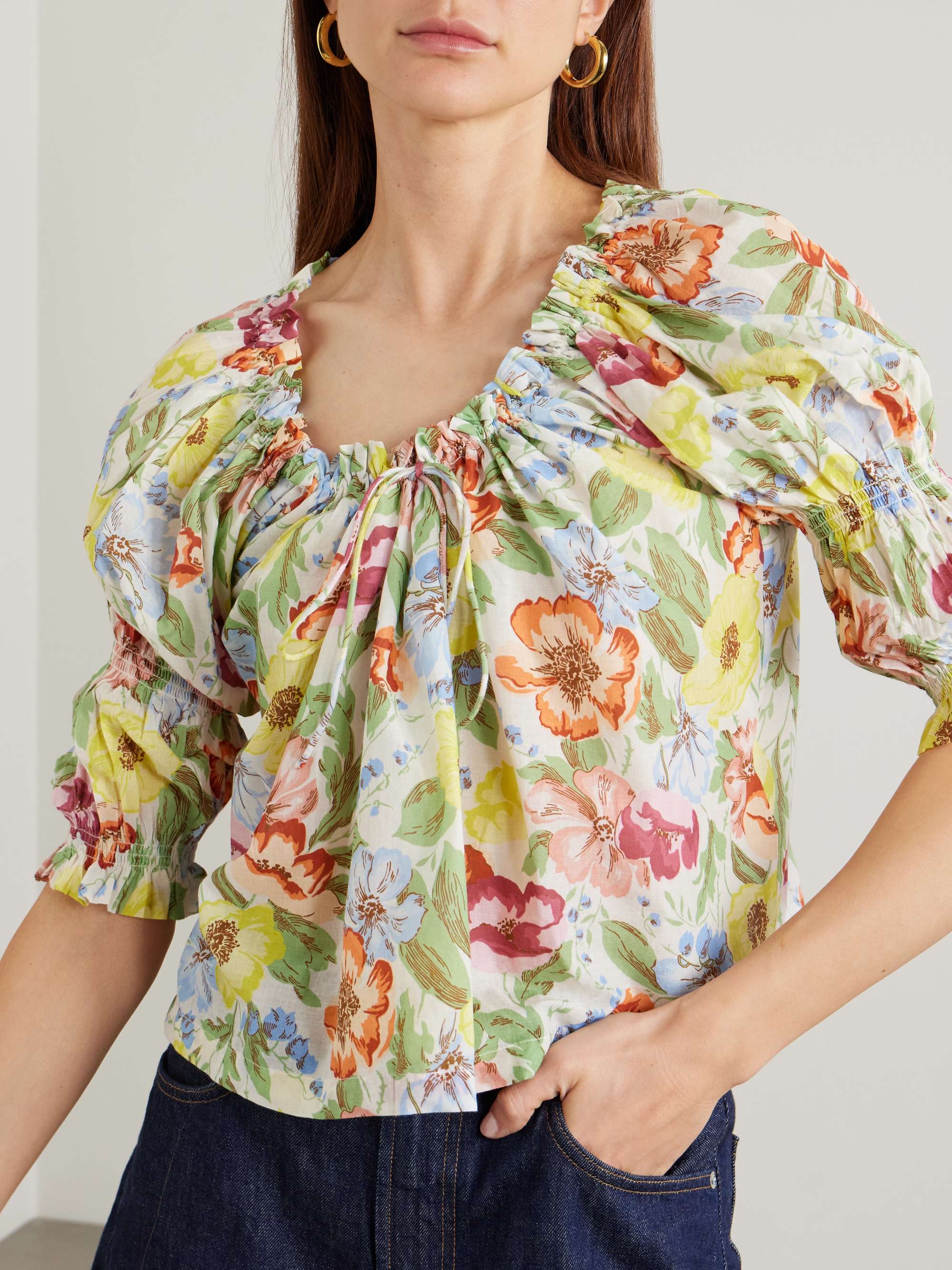 Inez gathered floral-print organic cotton-voile blouse view