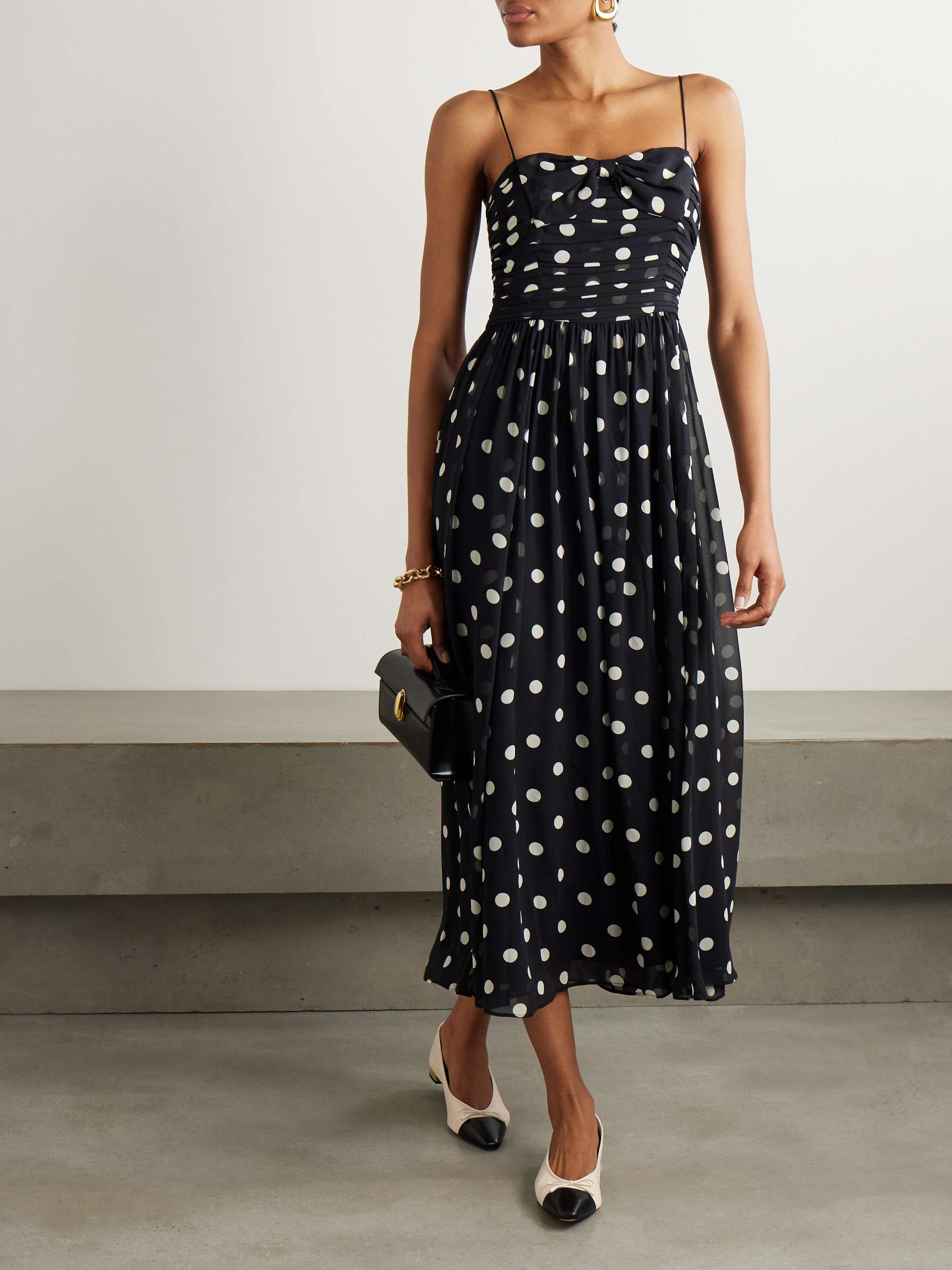 Maryanna bow-detailed ruched polka-dot silk-georgette midi dress view