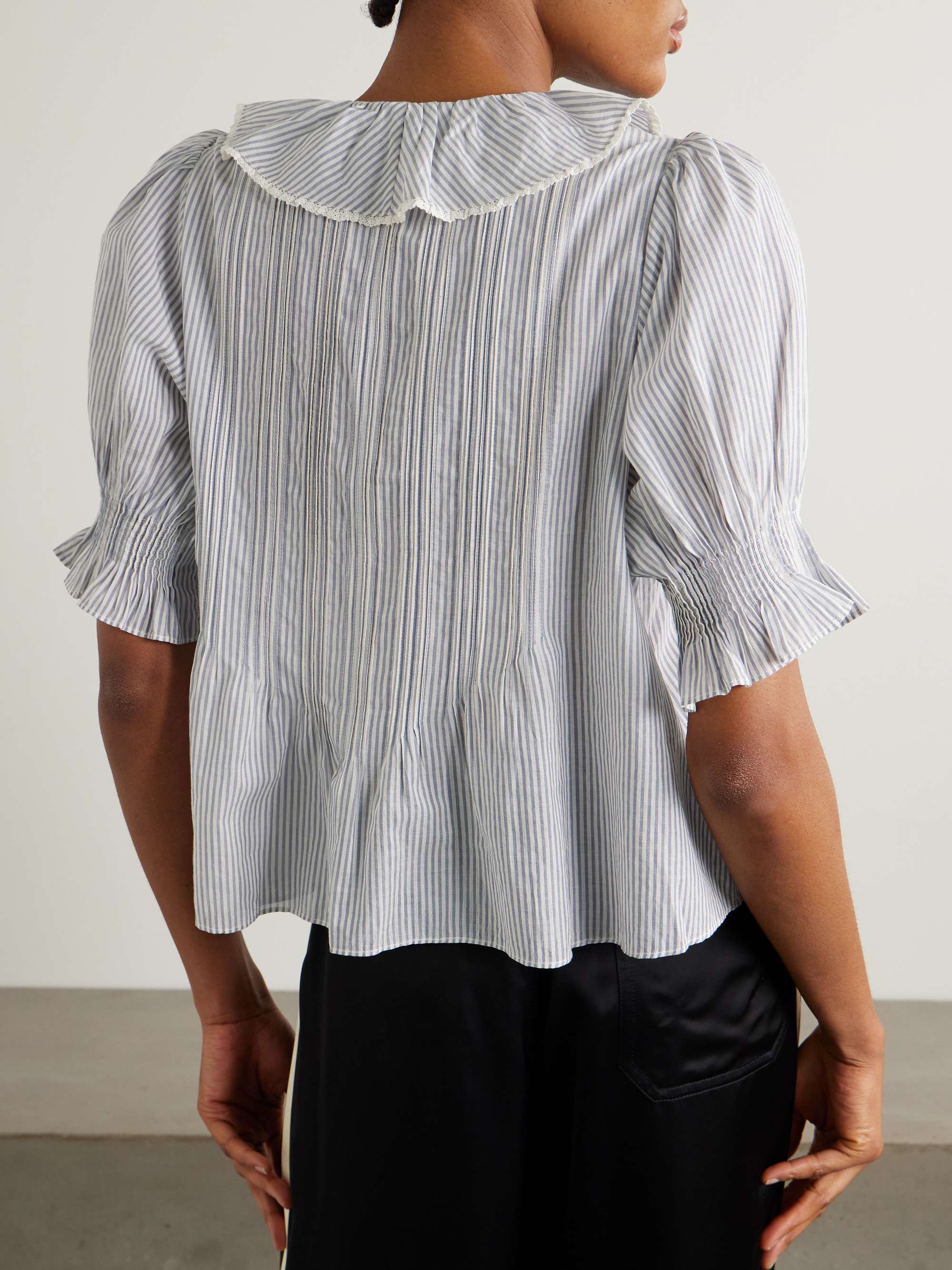 Henri lace-trimmed ruffled pintucked striped organic cotton-voile top view