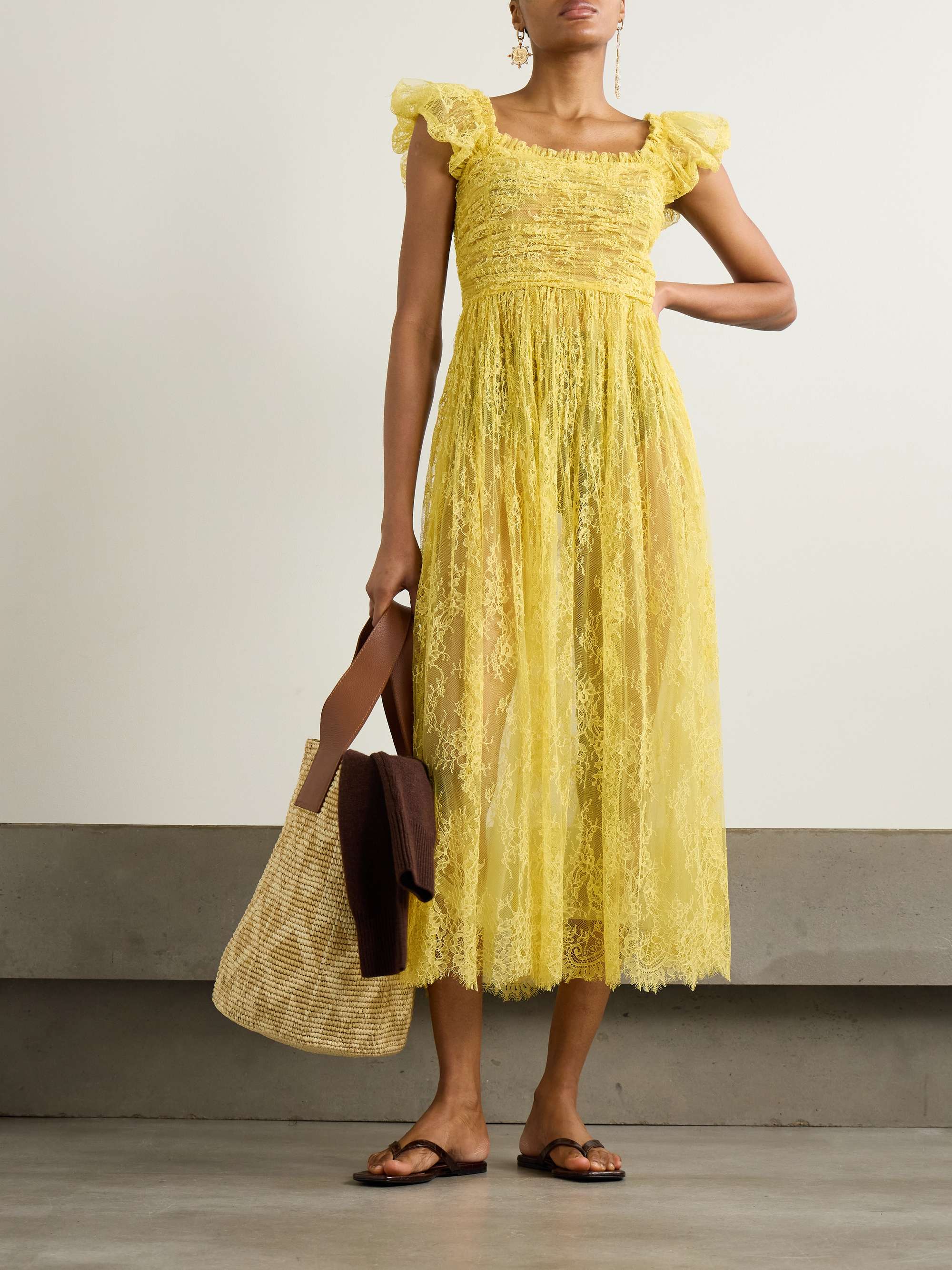 Pamelina ruffled shirred lace midi dress view