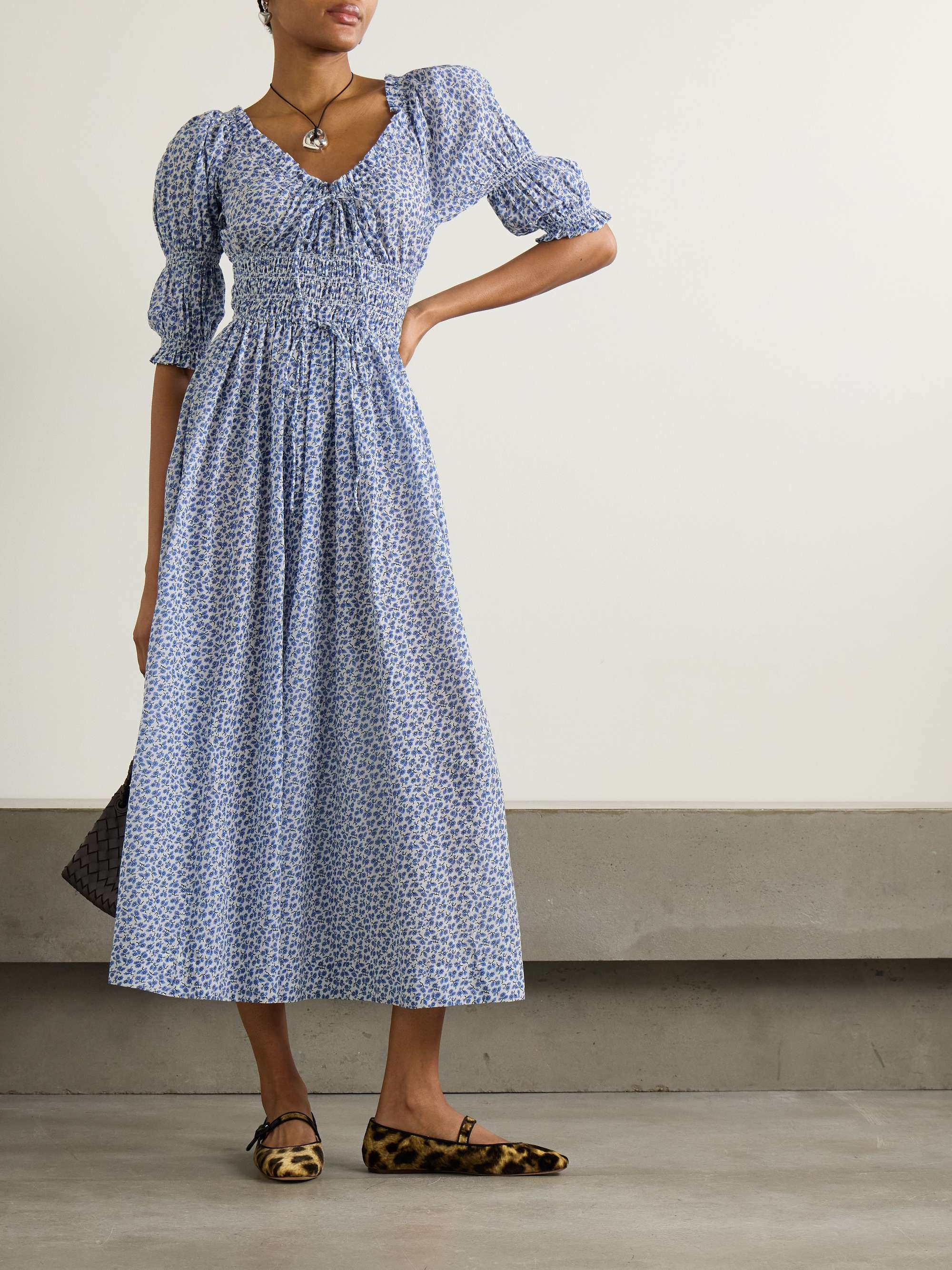 Ischia shirred floral-print organic cotton-voile midi dress view