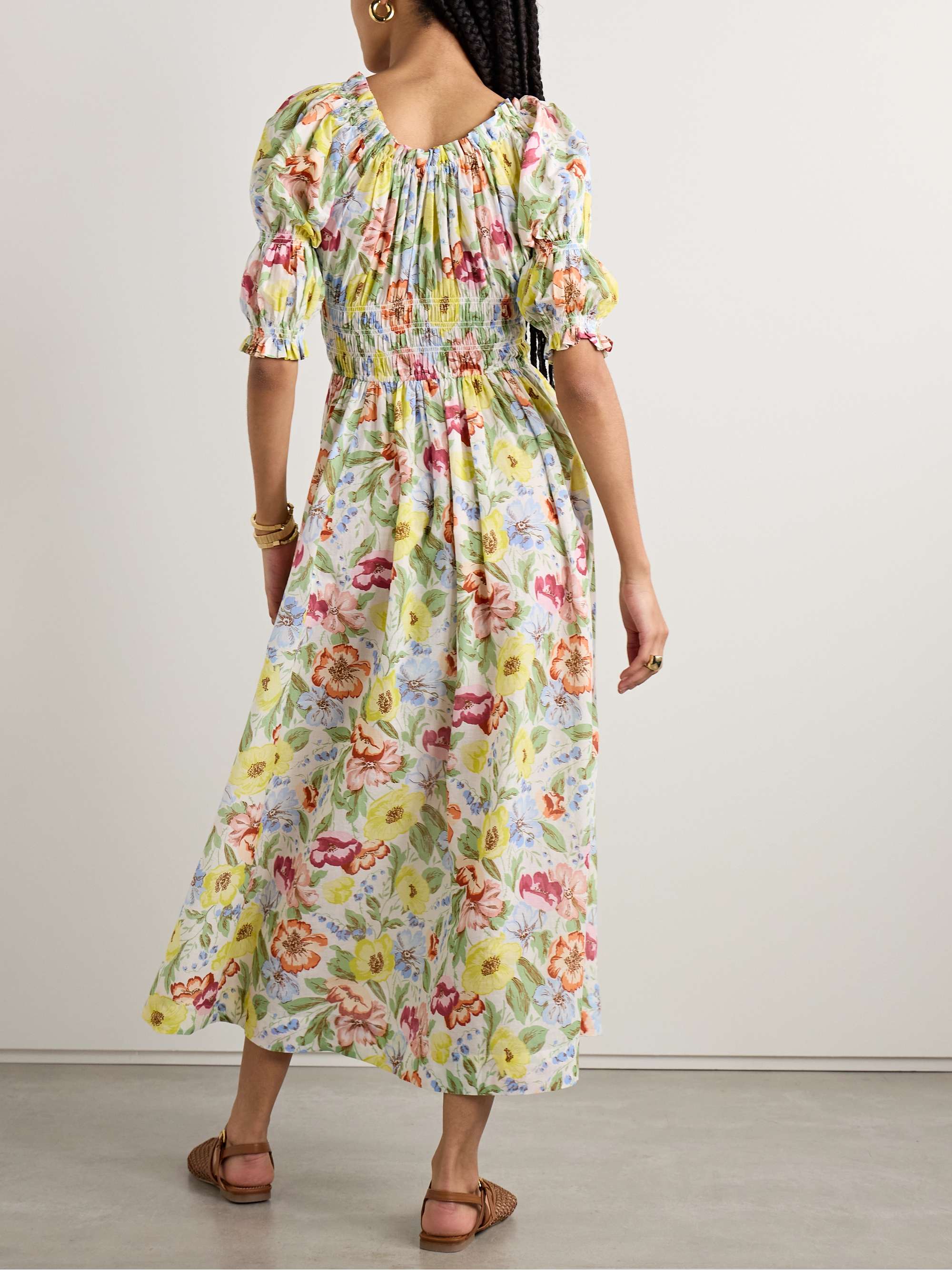 Ischia shirred floral-print cotton-voile midi dress view