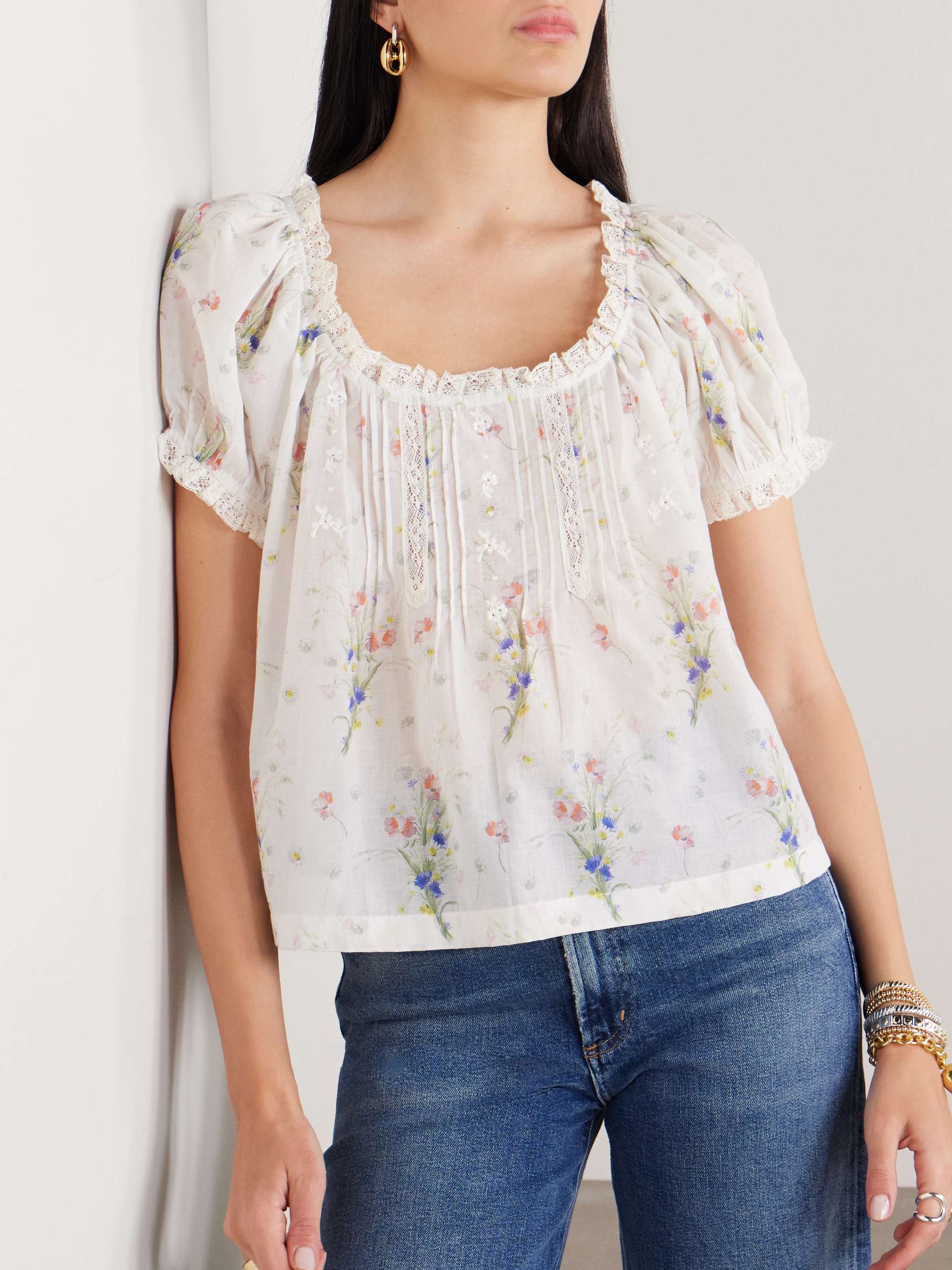 Frederica lace-trimmed floral-print pintucked organic cotton-voile blouse view