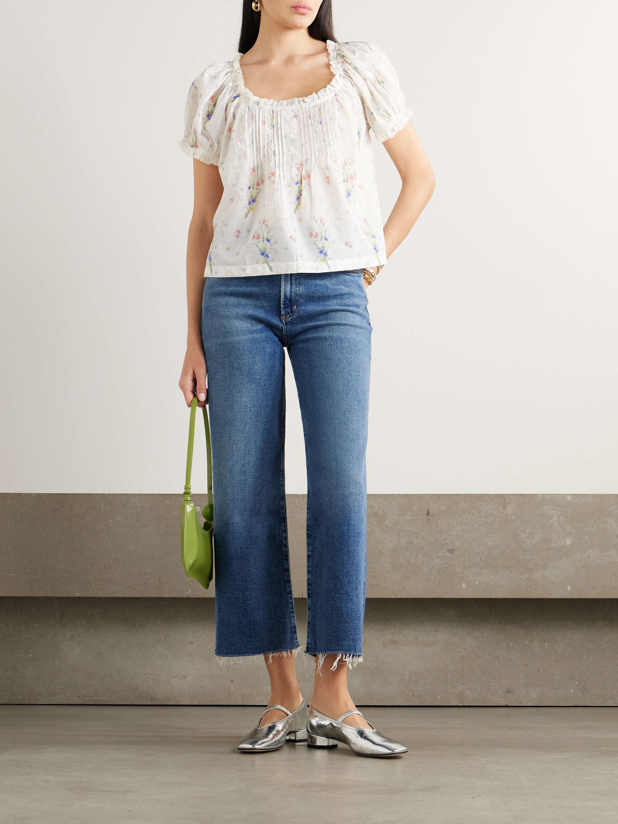 Frederica lace-trimmed floral-print pintucked organic cotton-voile blouse view