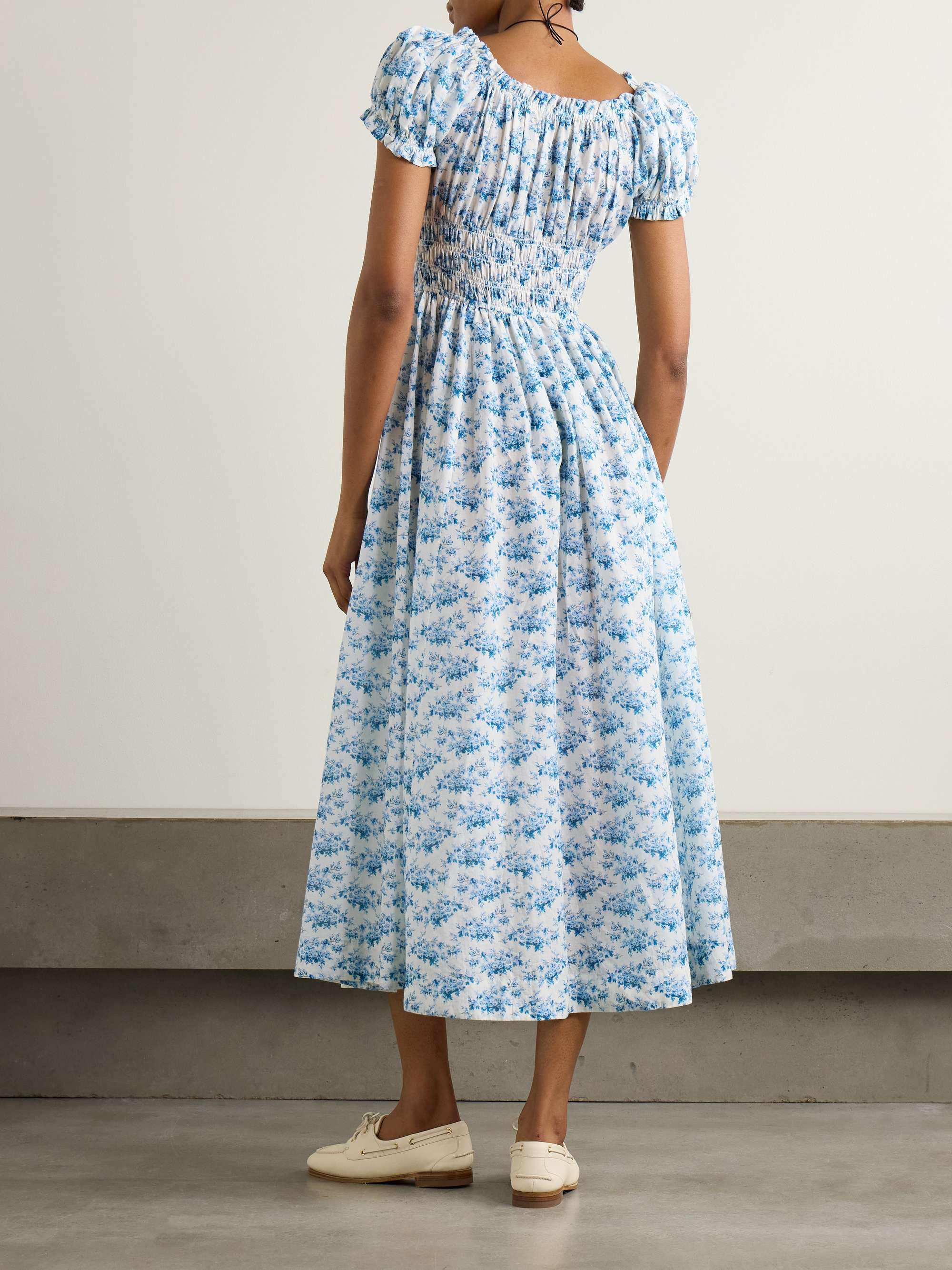 Ashlynn tie-detailed shirred floral-print organic cotton-voile midi dress view