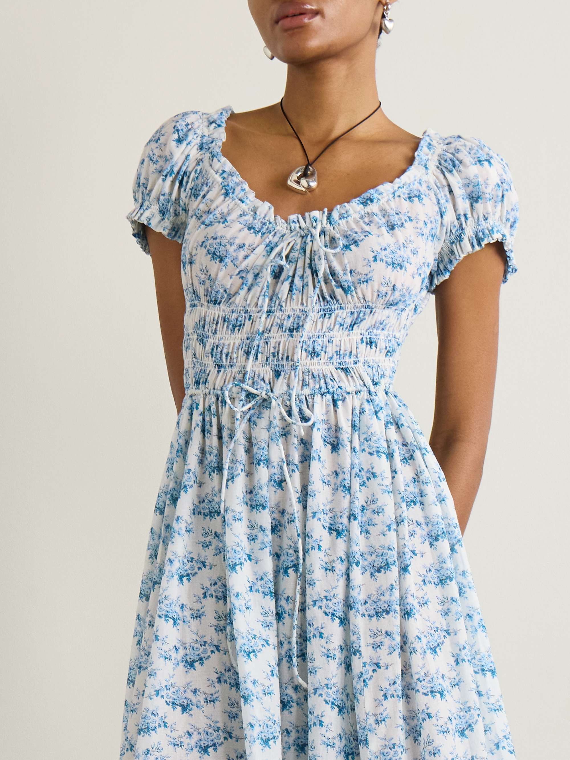 Ashlynn tie-detailed shirred floral-print organic cotton-voile midi dress view
