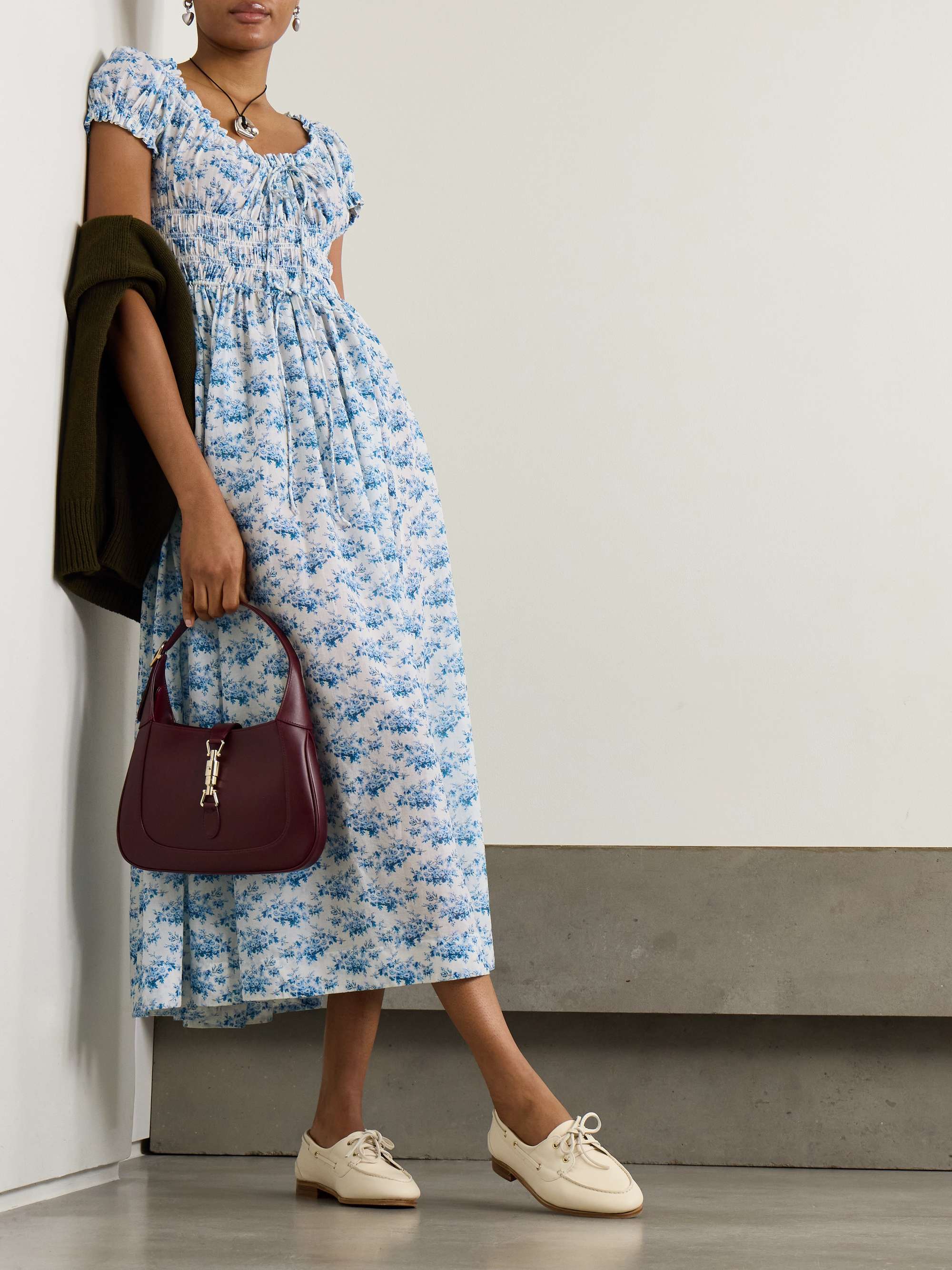 Ashlynn tie-detailed shirred floral-print organic cotton-voile midi dress view