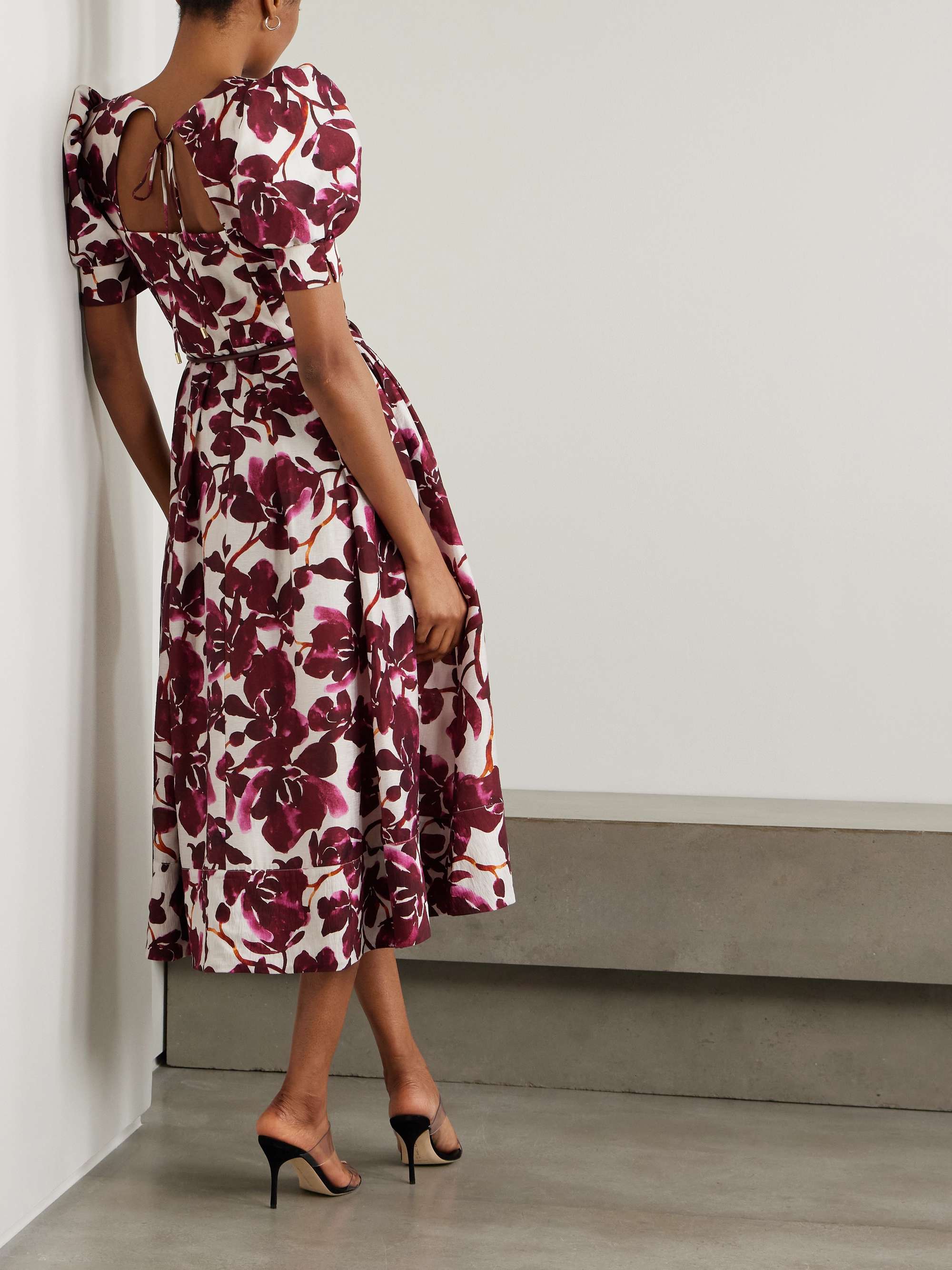 Nerissa belted leather-trimmed floral-print voile midi dress view