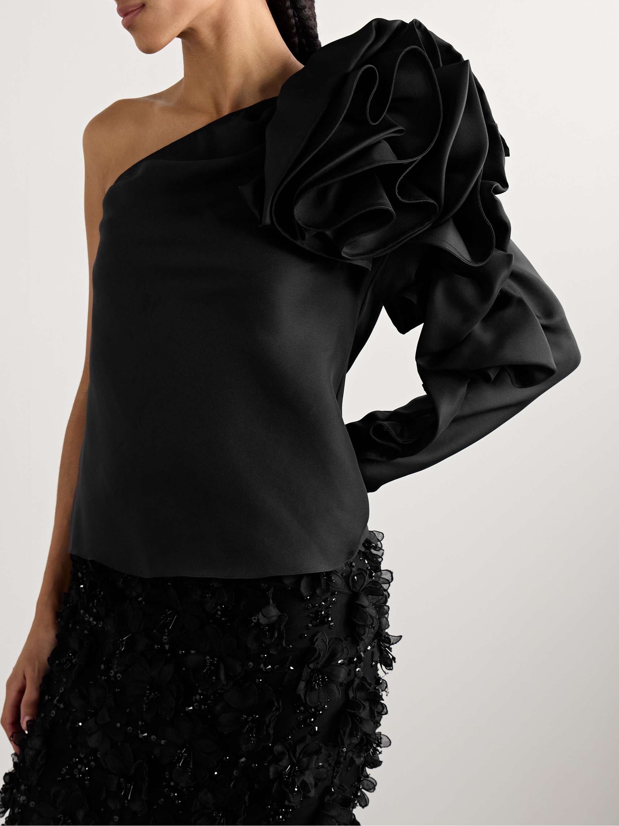 One-sleeve ruffled silk-gazar top view