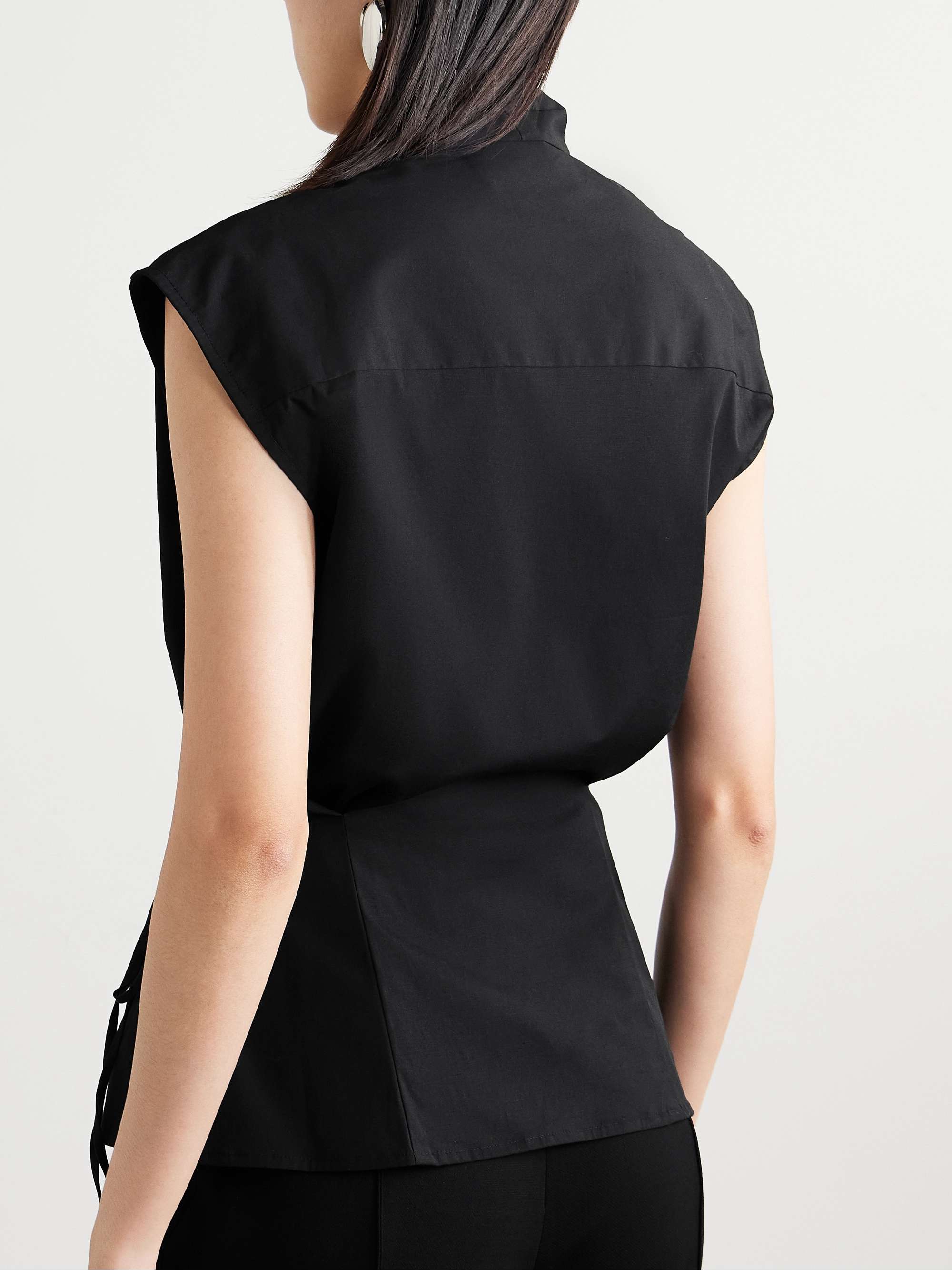 Pleated cotton-blend poplin wrap top view