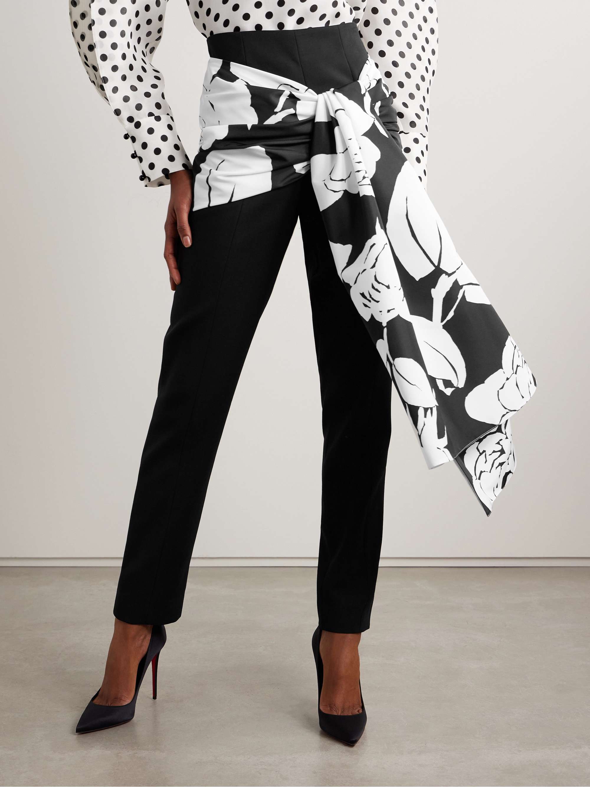 Draped floral-print faille and crepe slim-leg pants view