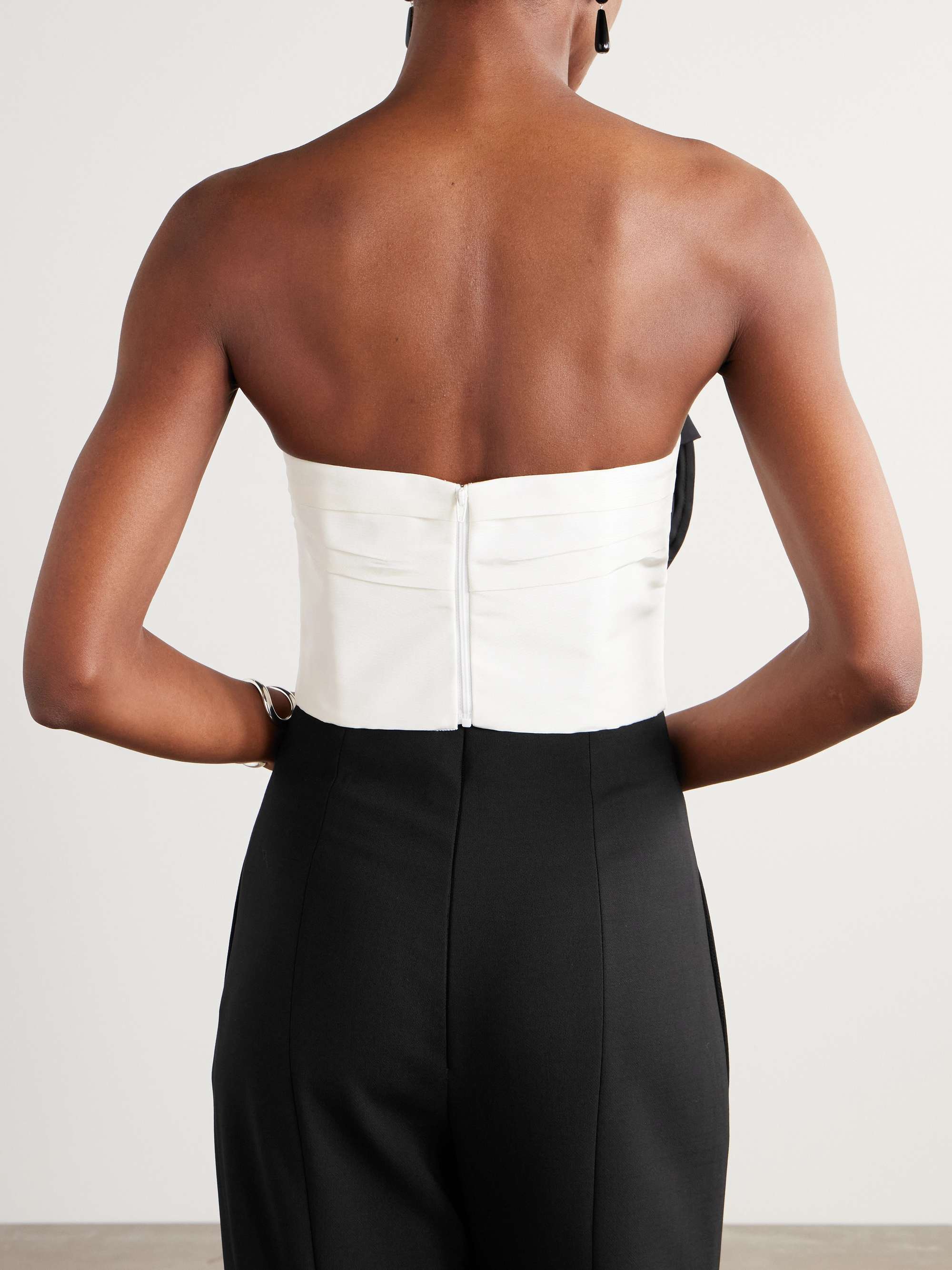 Strapless cropped appliquéd pleated silk-twill top view