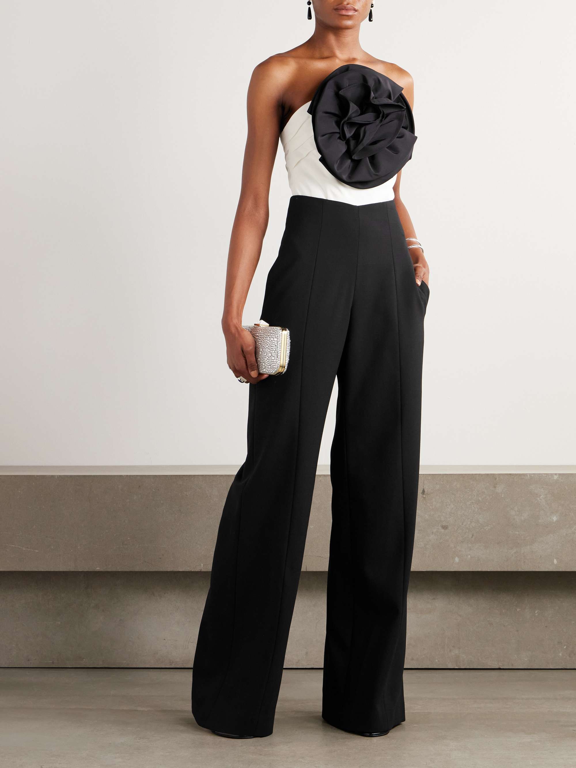 Strapless cropped appliquéd pleated silk-twill top view