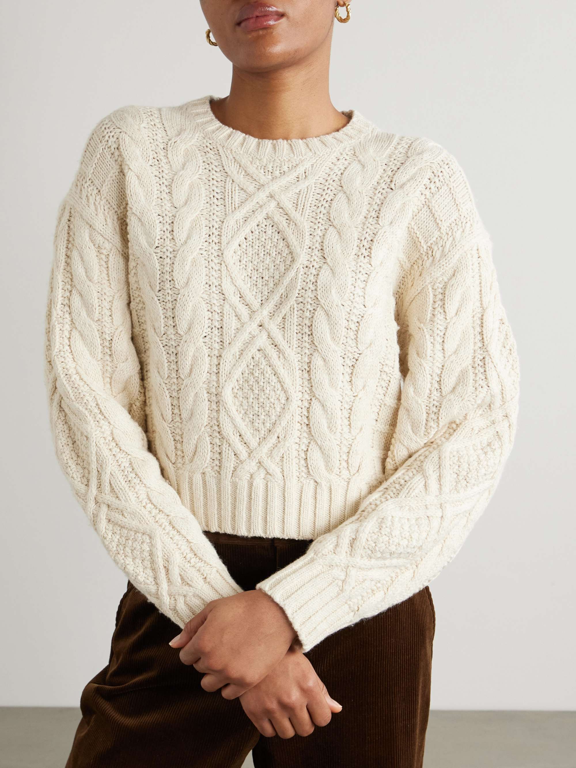 Cropped cable-knit cotton, wool and hemp-blend sweater view