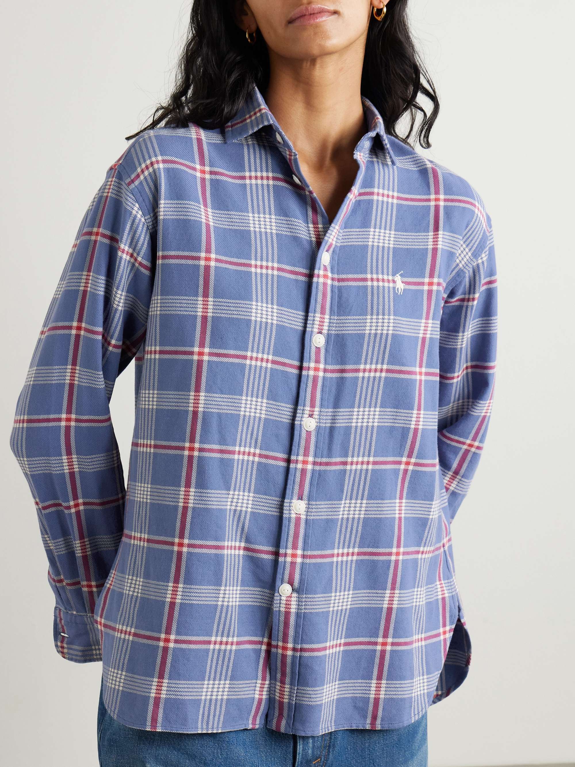 Embroidered checked cotton-flannel shirt view