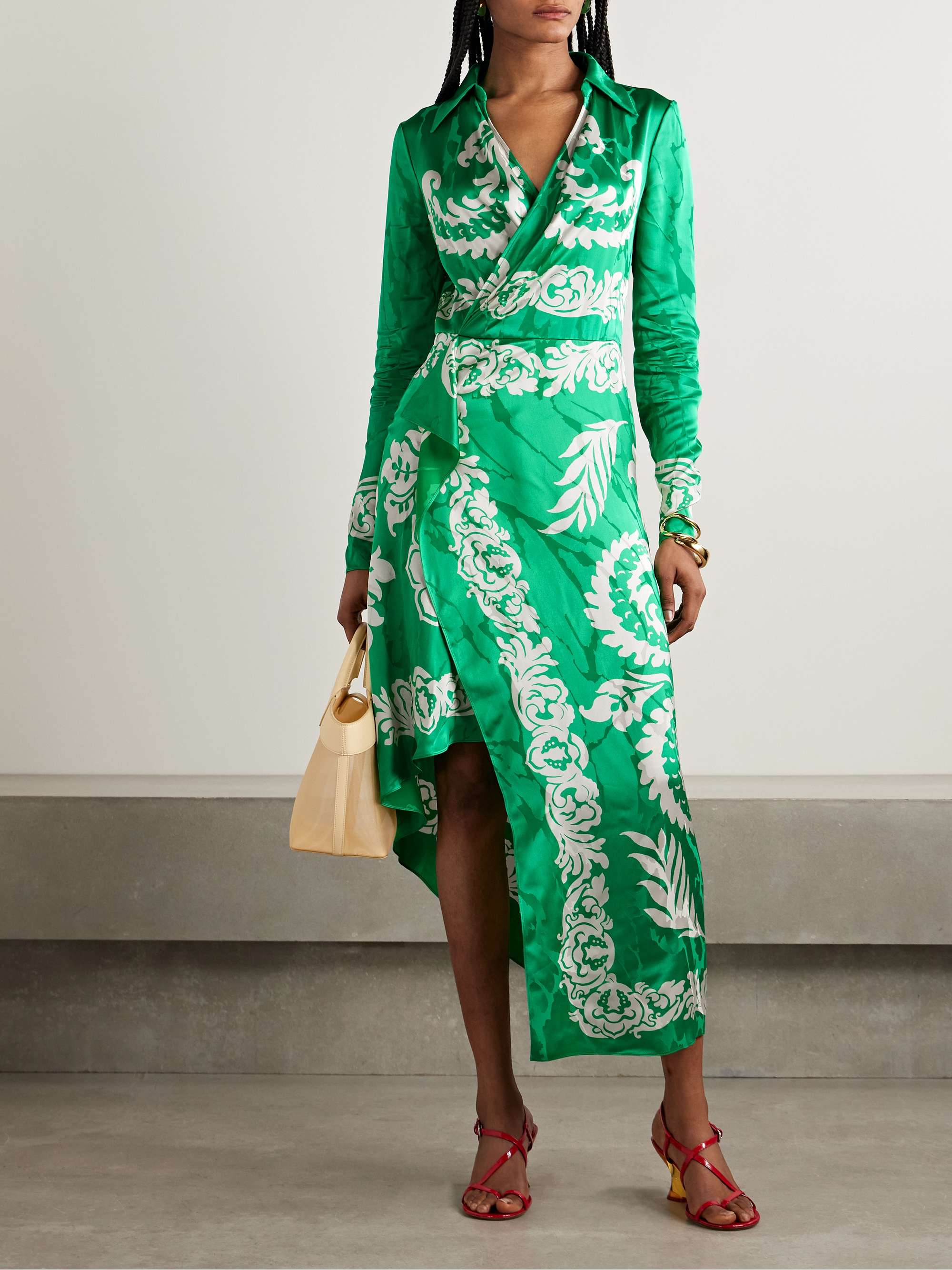 Wrap-effect draped printed satin-jacquard midi dress view