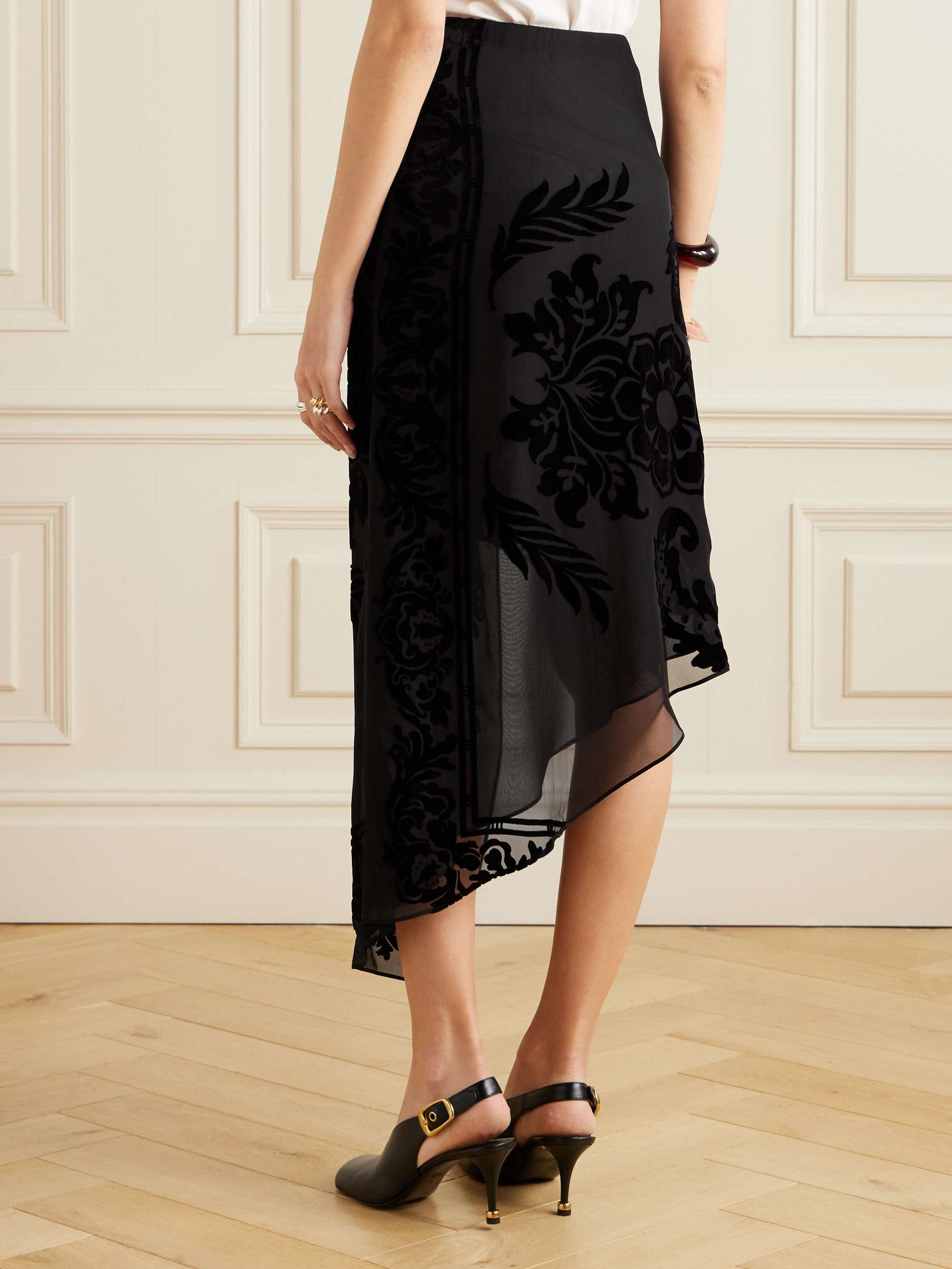 Asymmetric devoré-velvet wrap skirt view