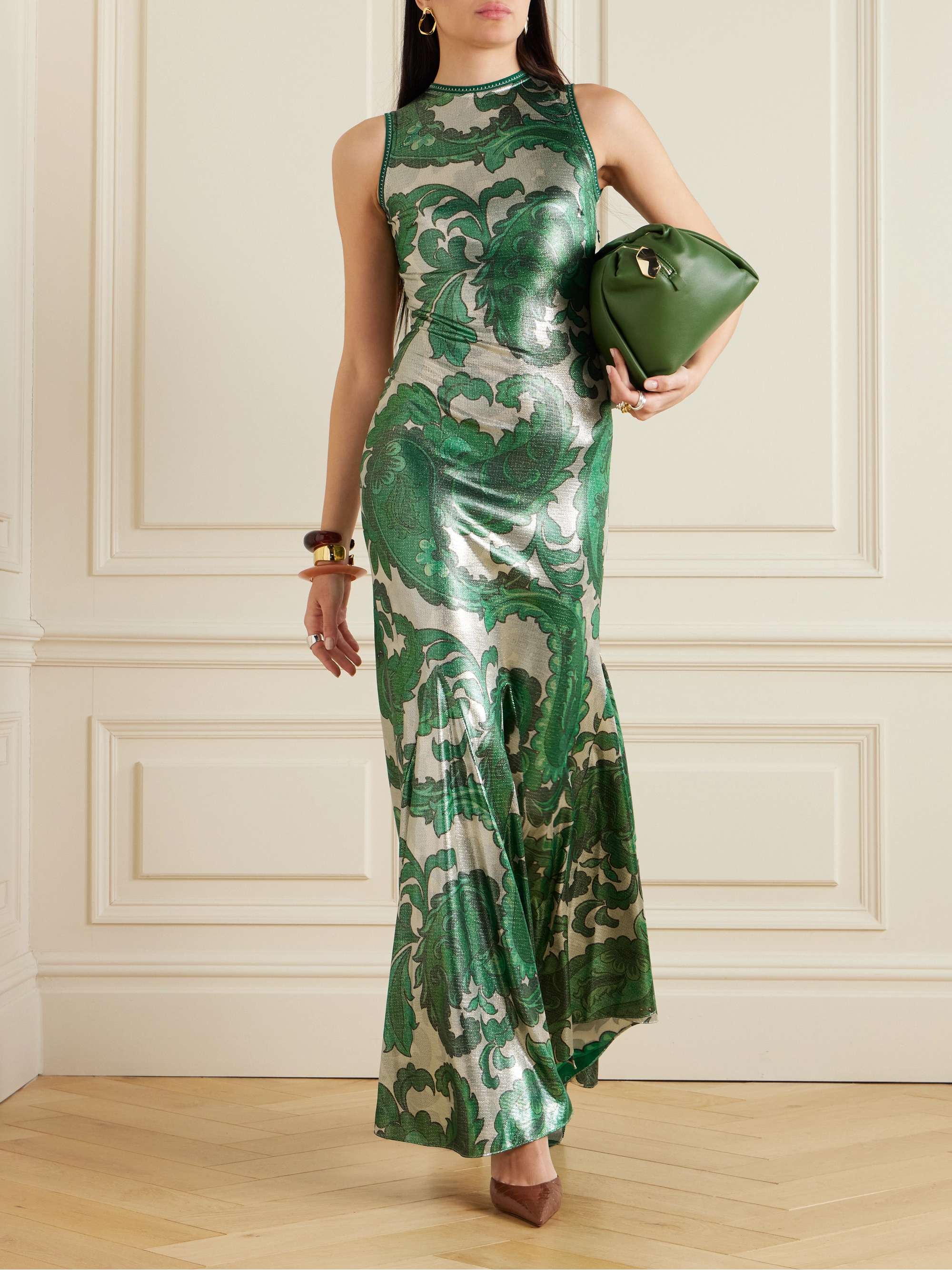 Asymmetric open-back paisley-print sequined jersey dress view