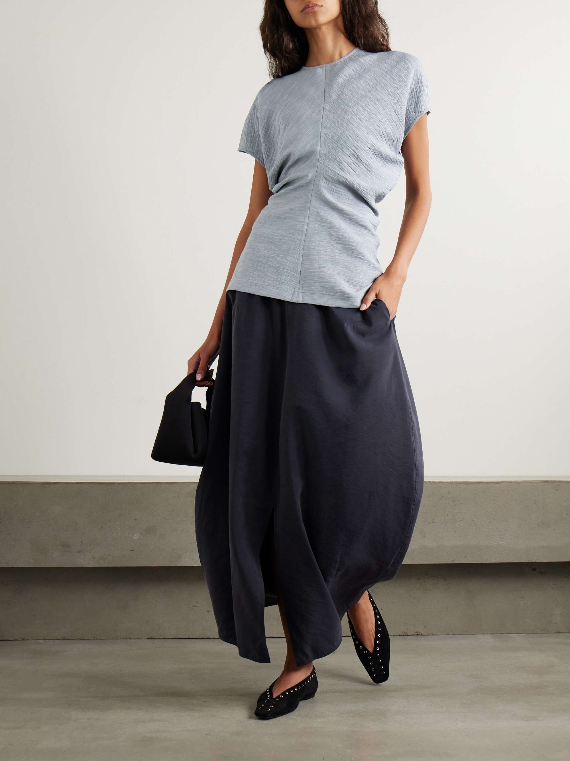 Draped textured woven top view