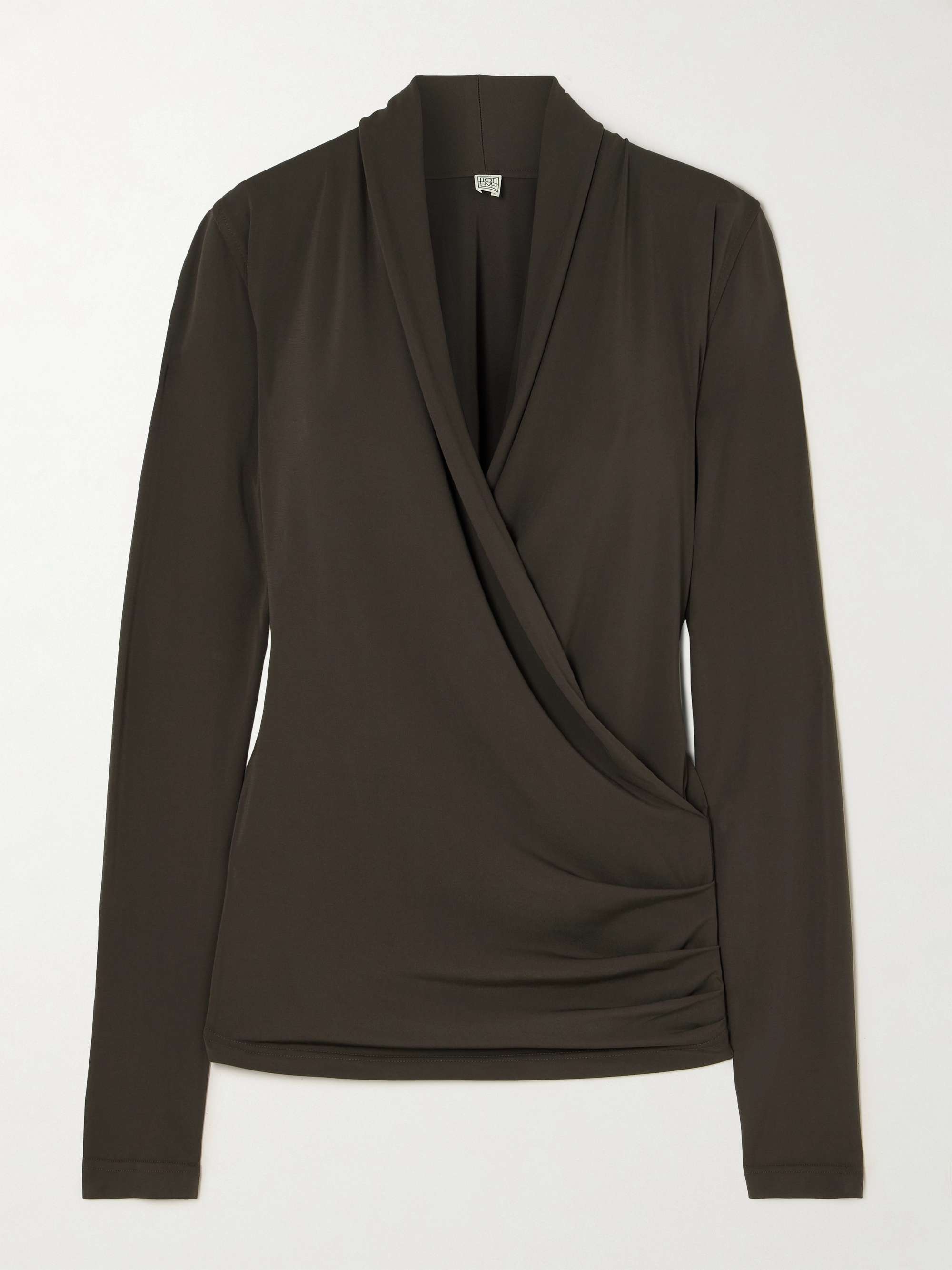 Wrap-effect draped stretch-jersey top view