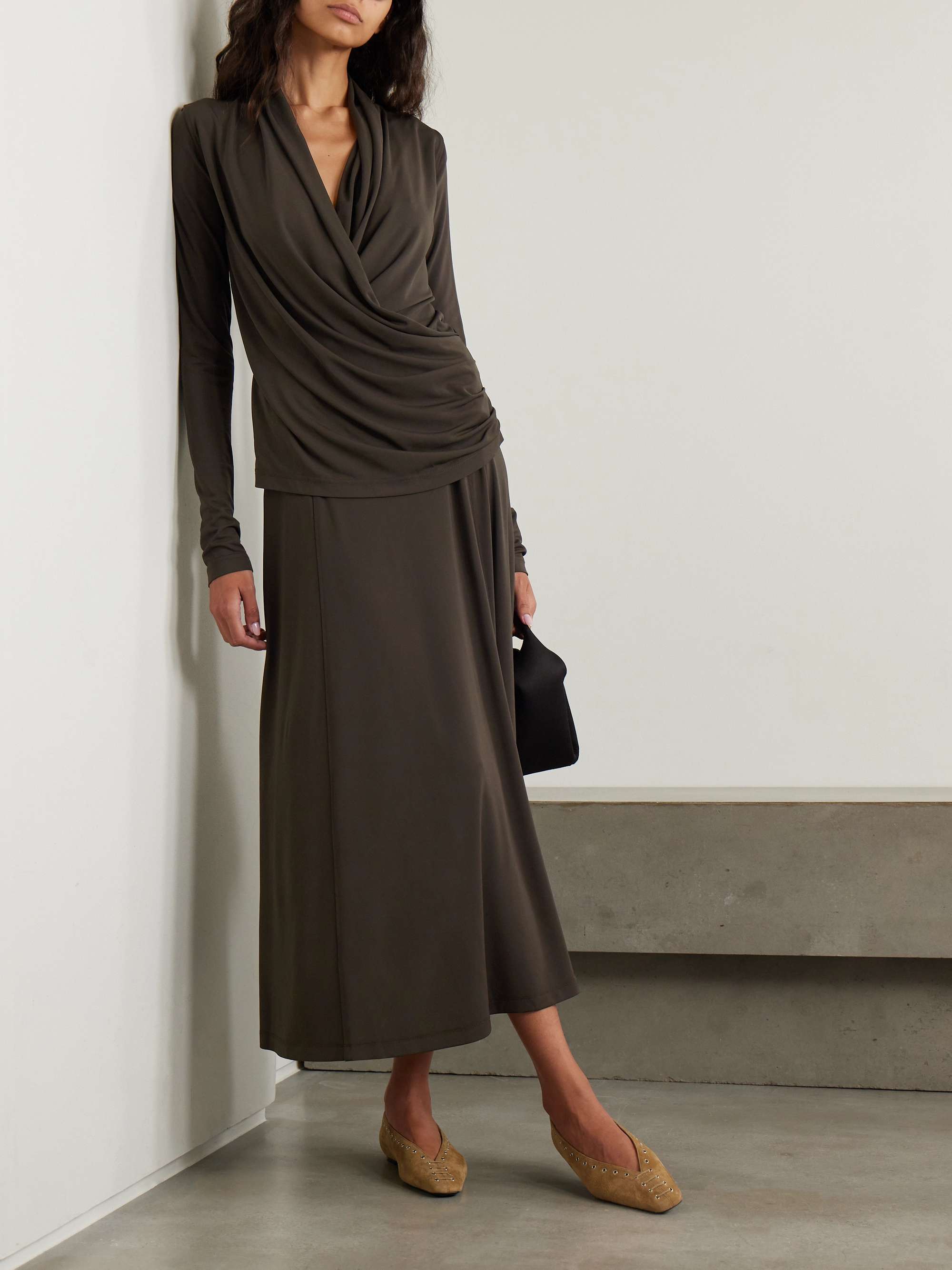 Wrap-effect draped stretch-jersey top view