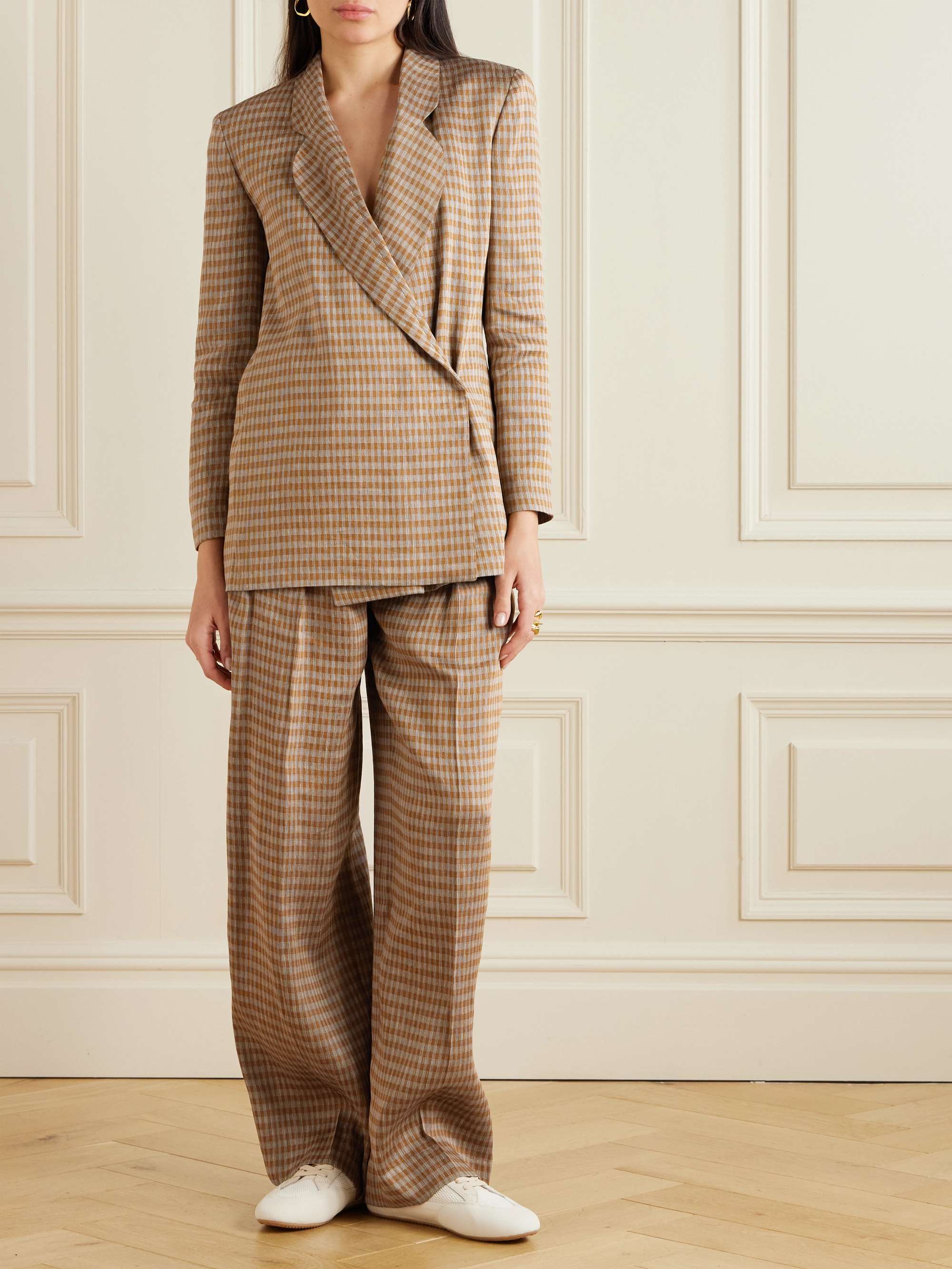 Sherry pleated checked linen-blend wide-leg pants view