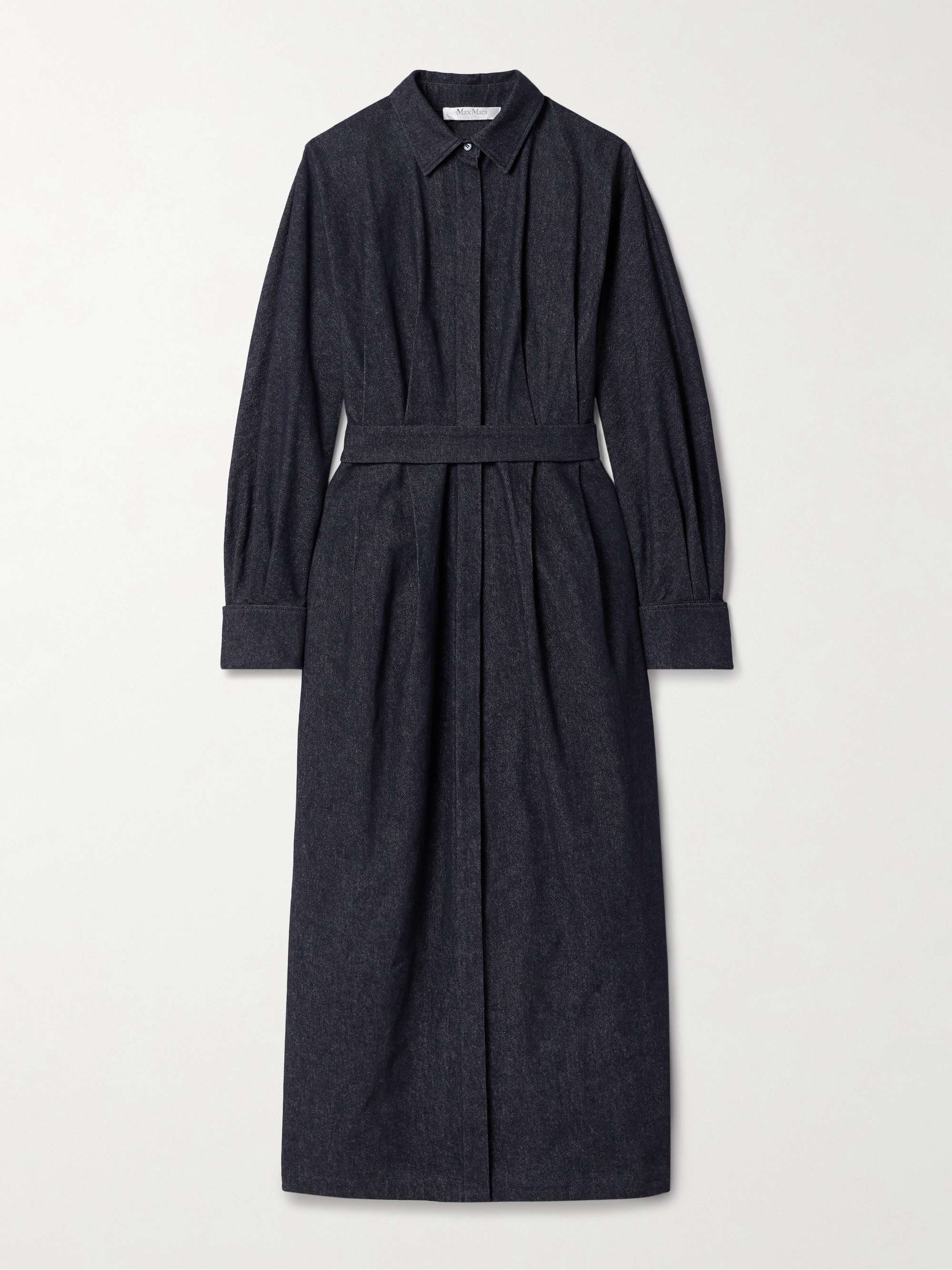 Belted pleated denim midi shirt dress view