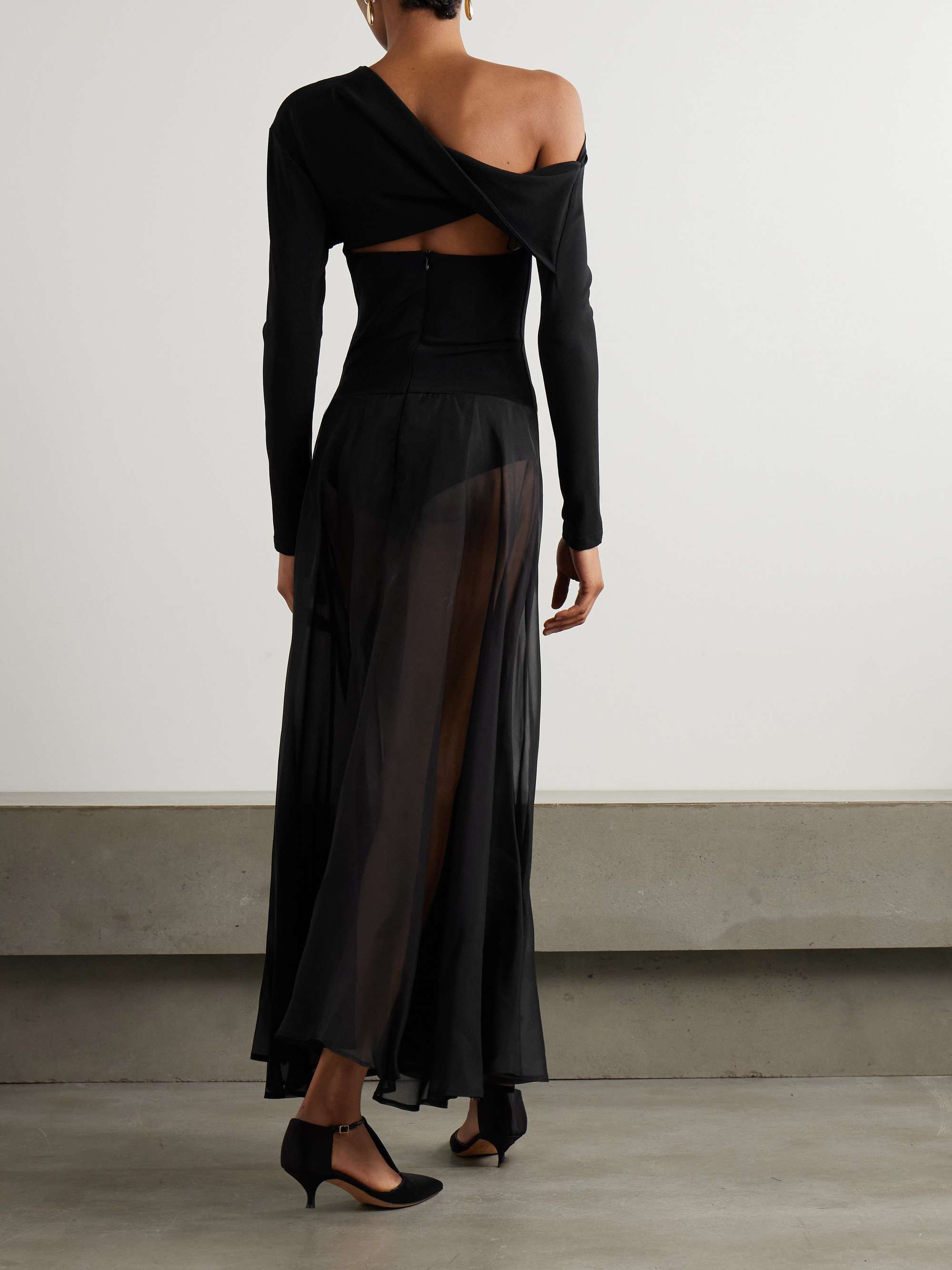 Aire Twist asymmetric cutout stretch-knit and silk-organza maxi dress view