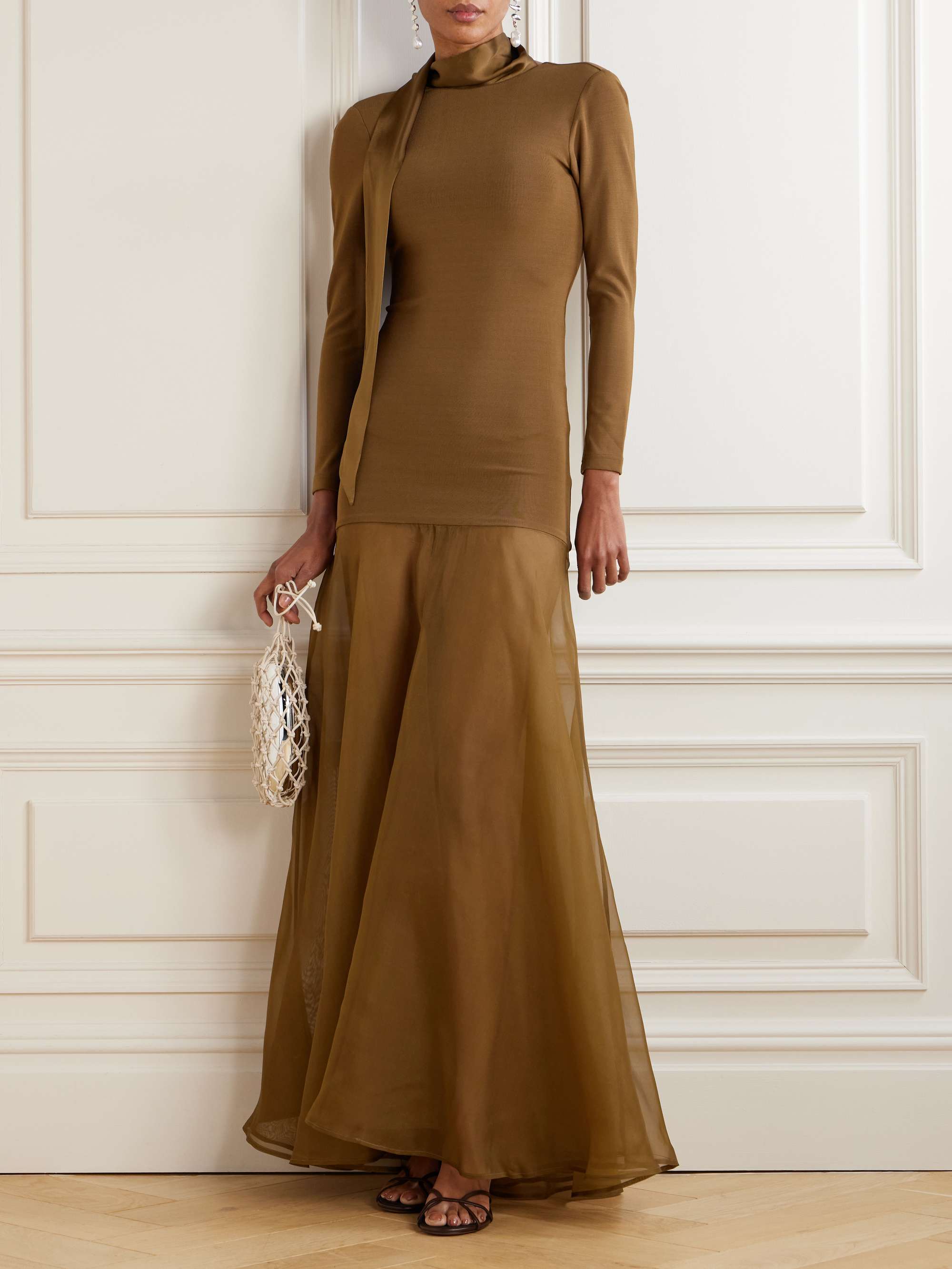 Aire scarf-effect satin-trimmed stretch-knit and silk-organza maxi dress view