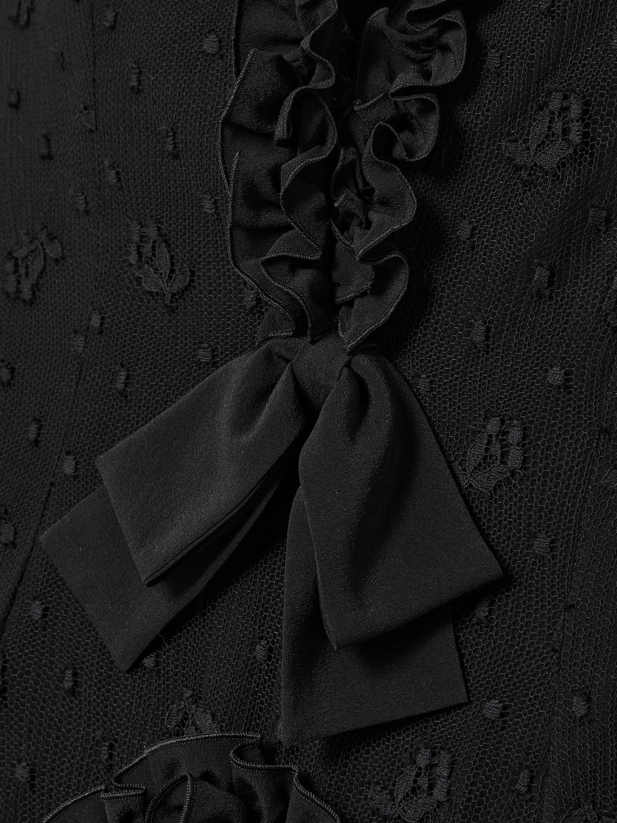 Ruffled crepe-trimmed embroidered point d'esprit gown view