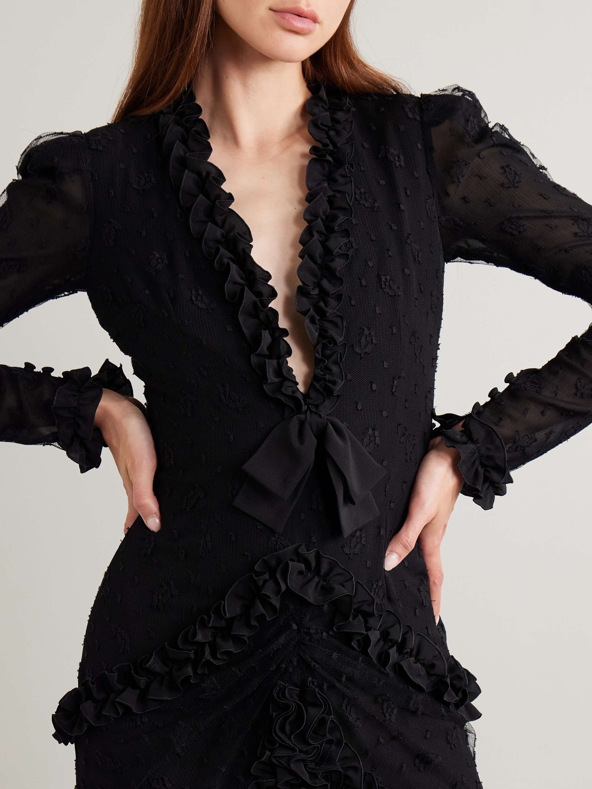 Ruffled crepe-trimmed embroidered point d'esprit gown view