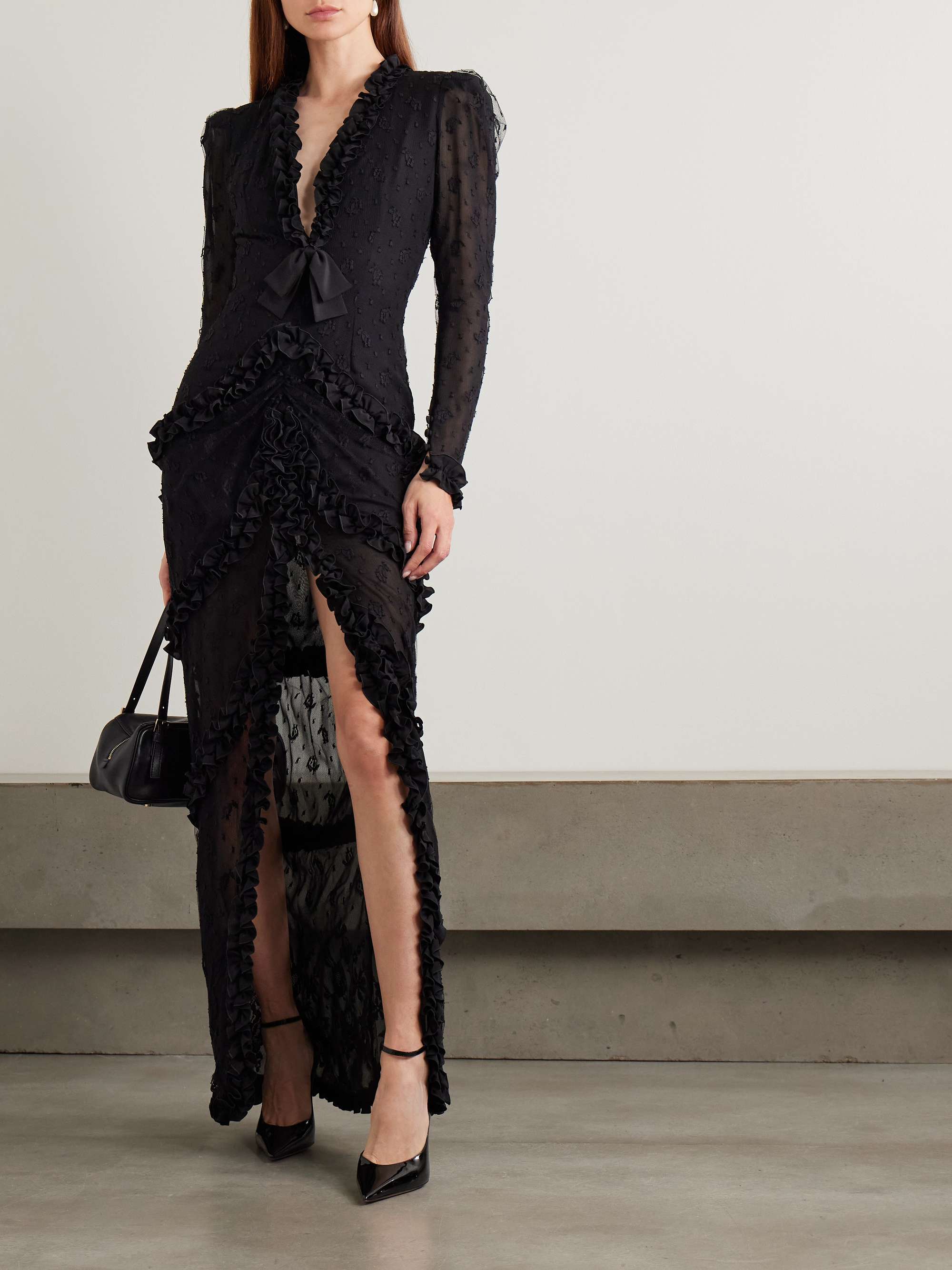 Ruffled crepe-trimmed embroidered point d'esprit gown view