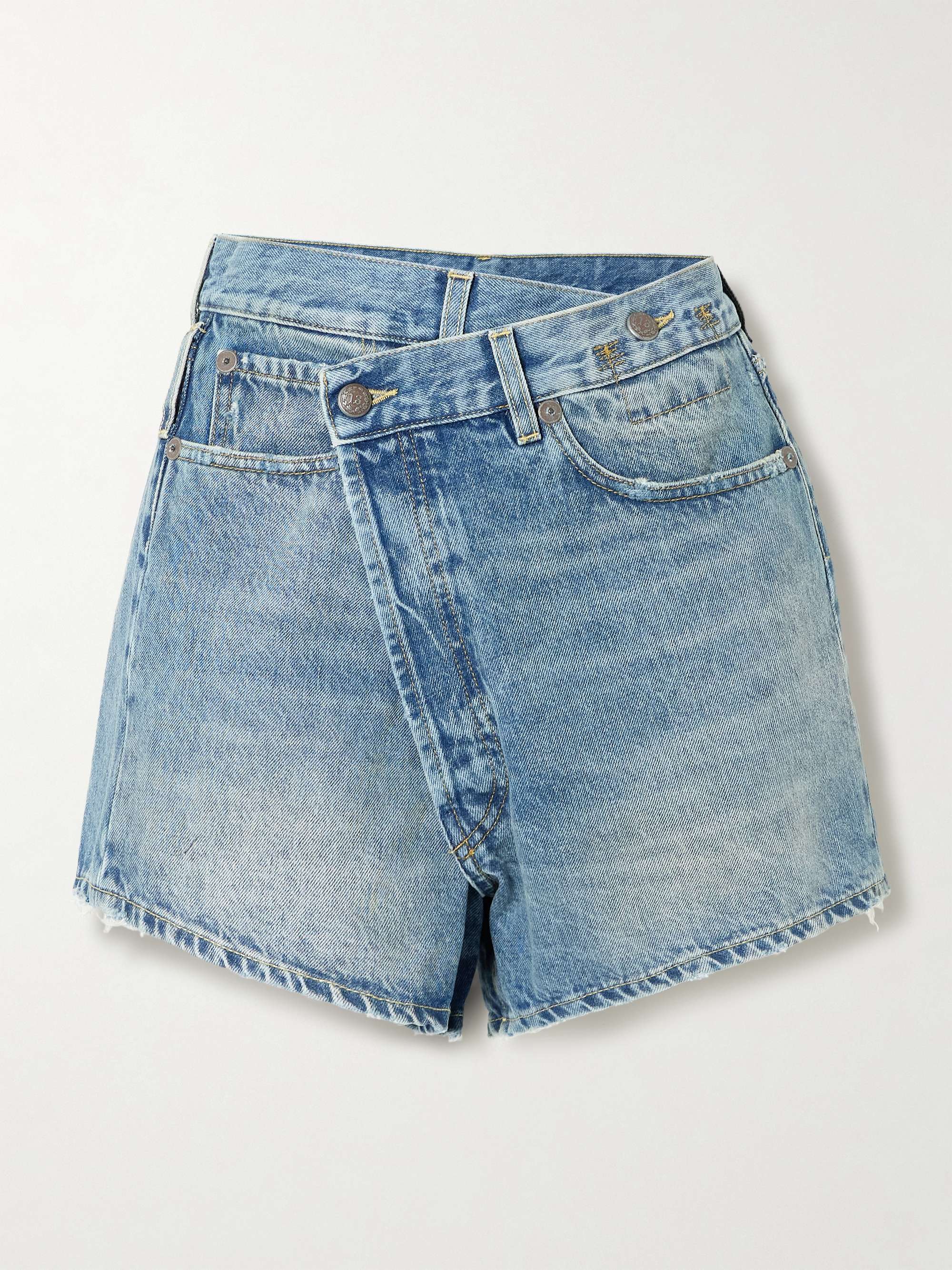 Crossover asymmetric denim shorts view