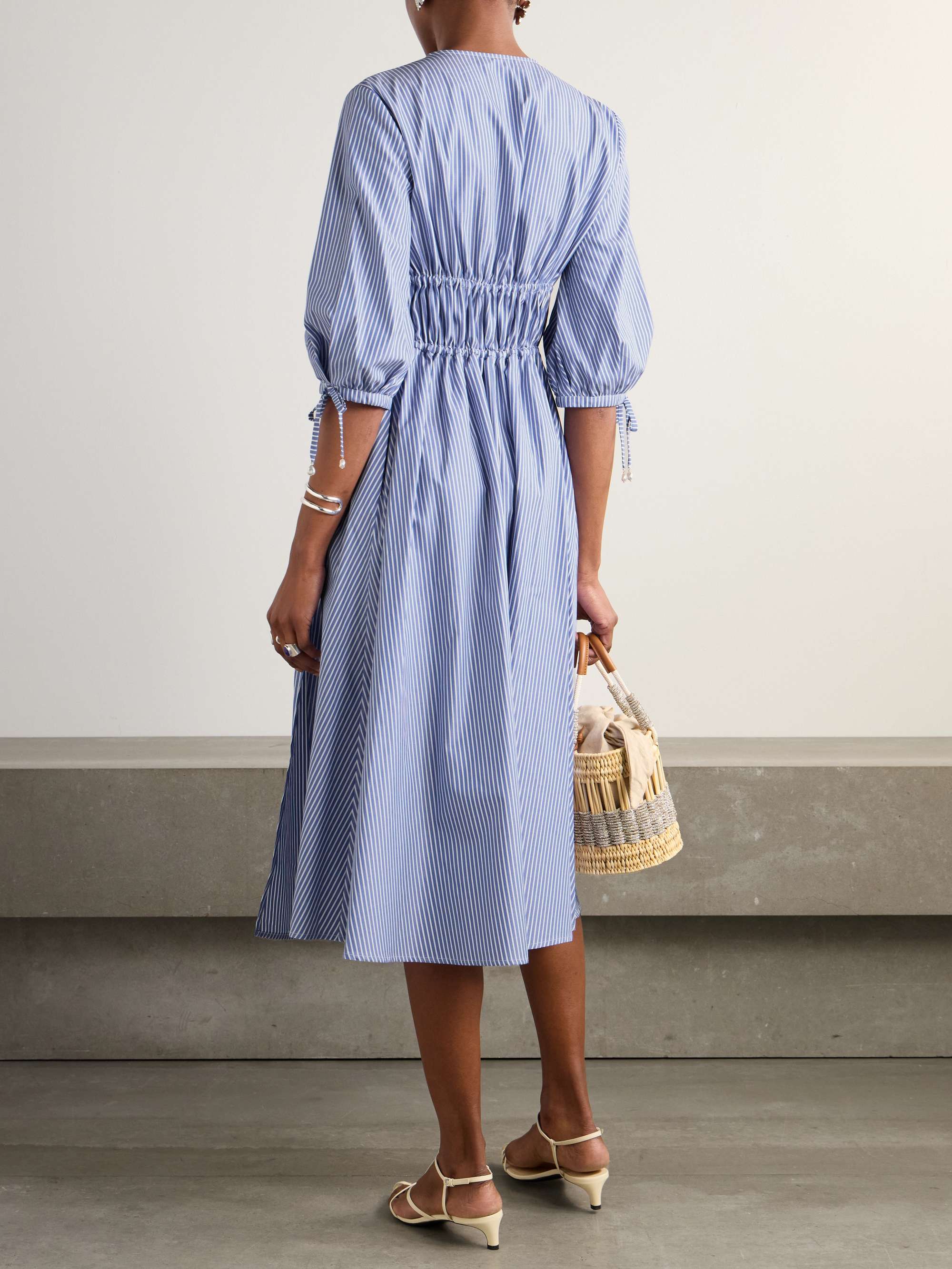 Donrine faux pearl-embellished tie-detailed striped cotton midi dress view