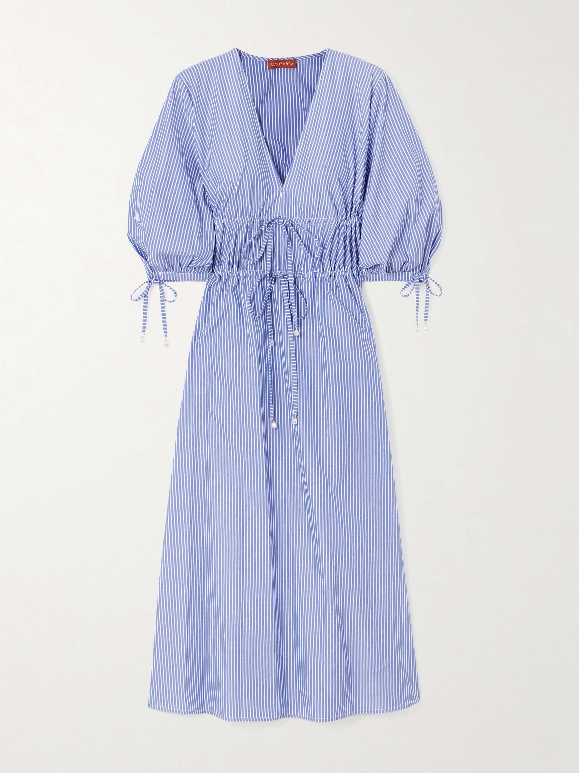 Donrine faux pearl-embellished tie-detailed striped cotton midi dress view