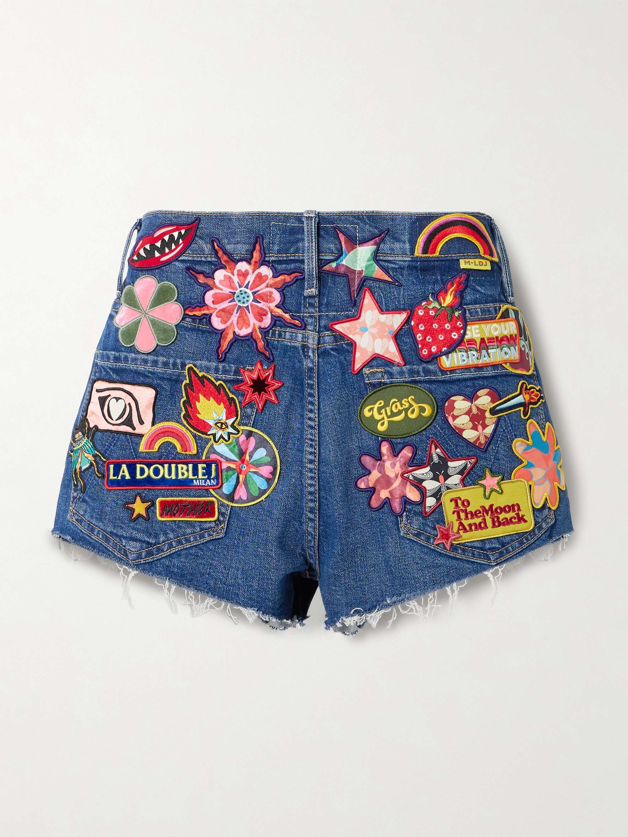 + La DoubleJ The Dodger appliquéd frayed denim shorts view