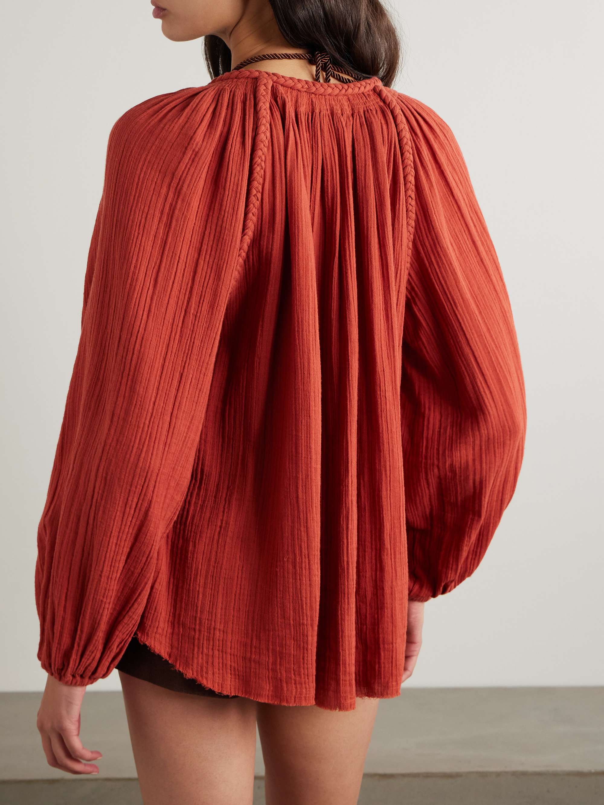 Jenna frayed braided gathered cotton-gauze blouse view