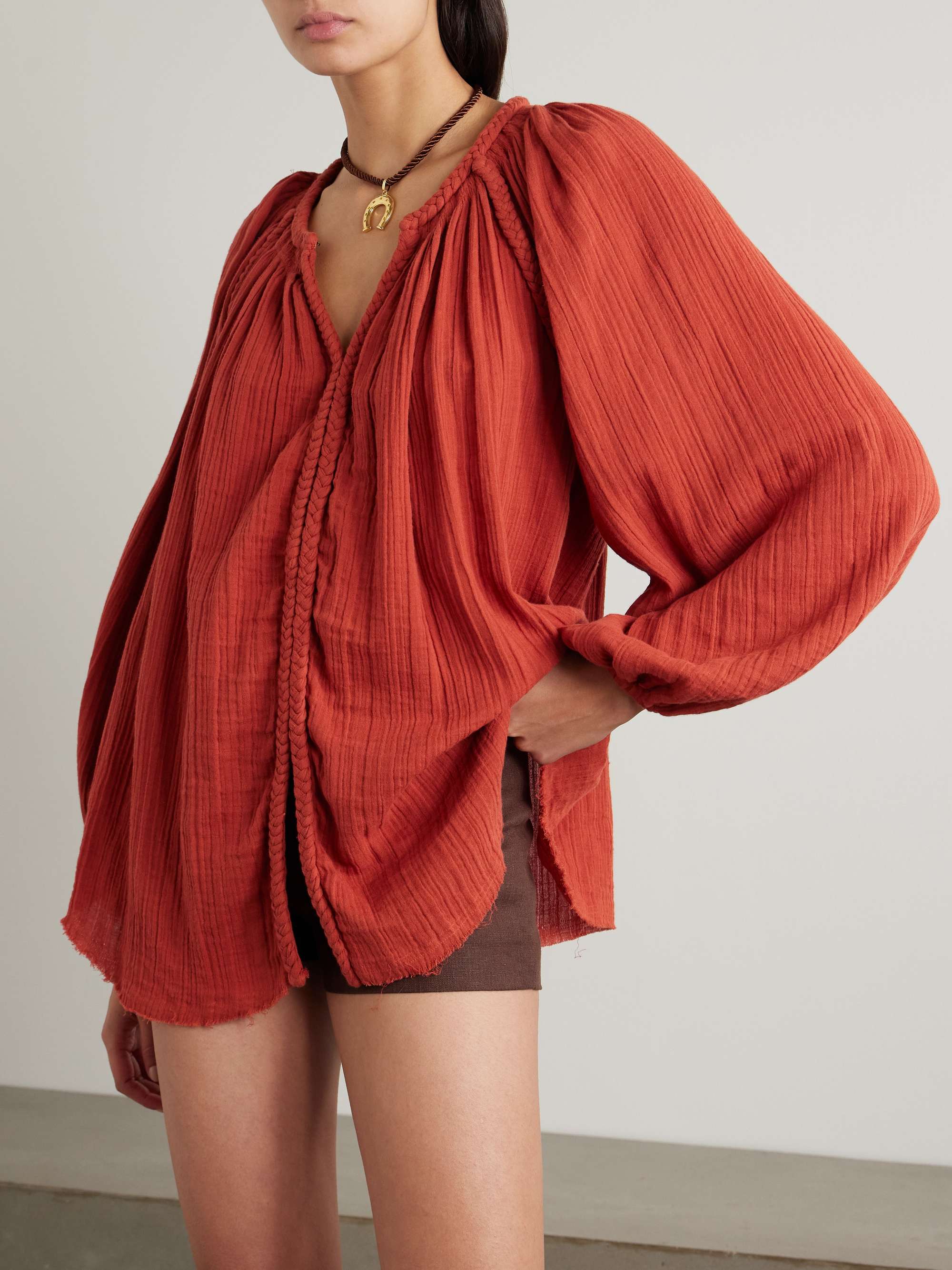 Jenna frayed braided gathered cotton-gauze blouse view