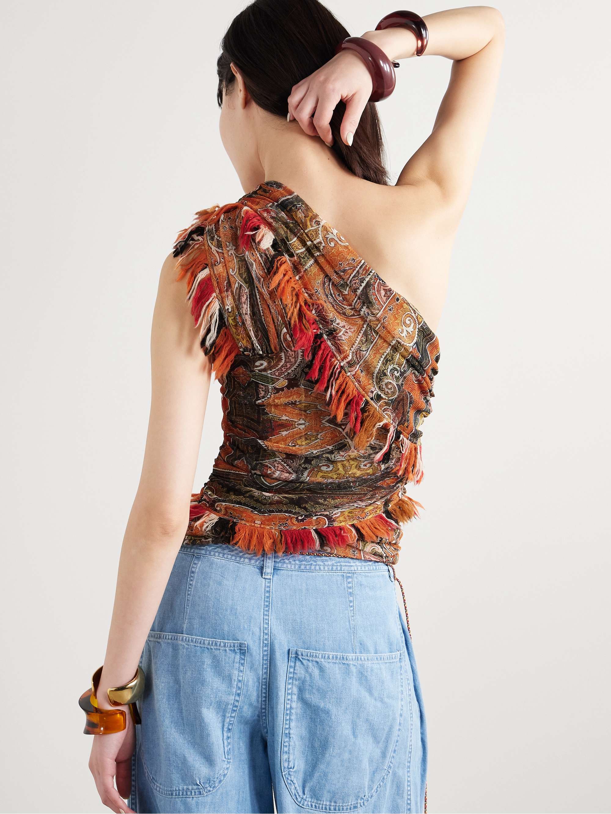 Devona one-shoulder fringed wrap-effect paisley-print mesh tank view