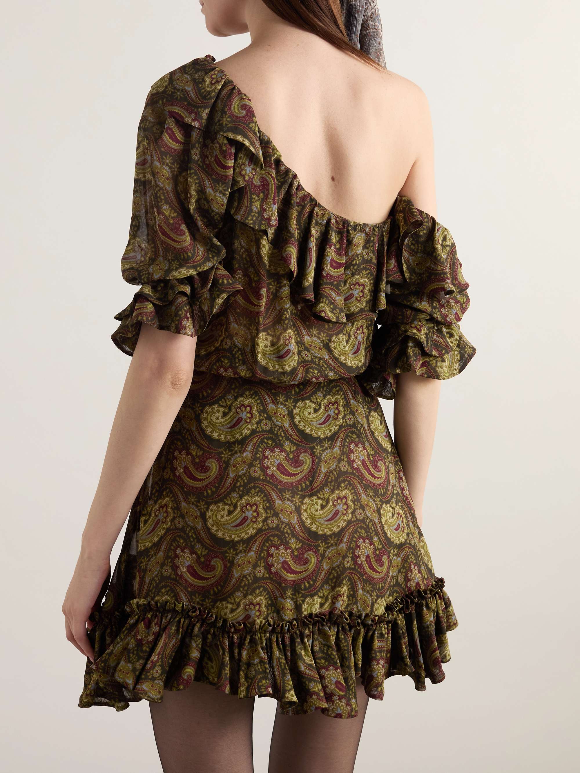 One-shoulder ruffled paisley-print georgette mini dress view