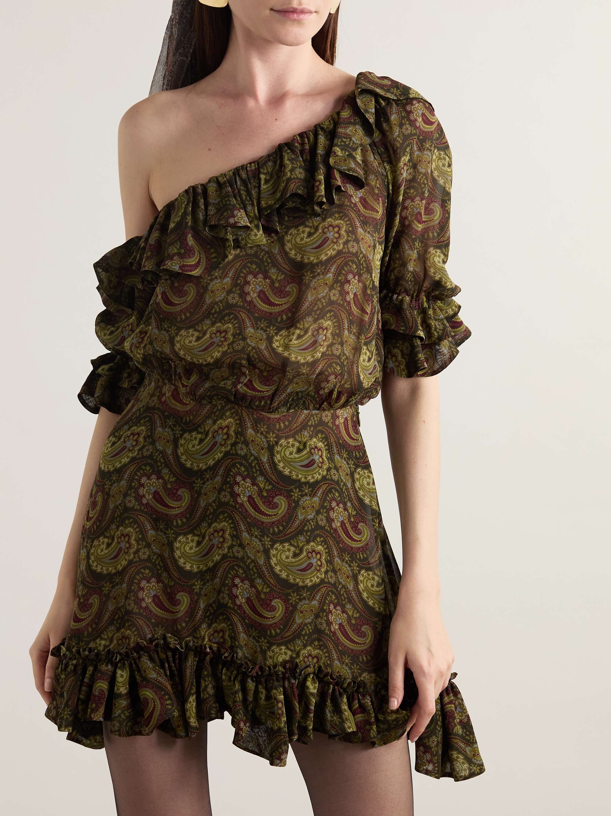 One-shoulder ruffled paisley-print georgette mini dress view