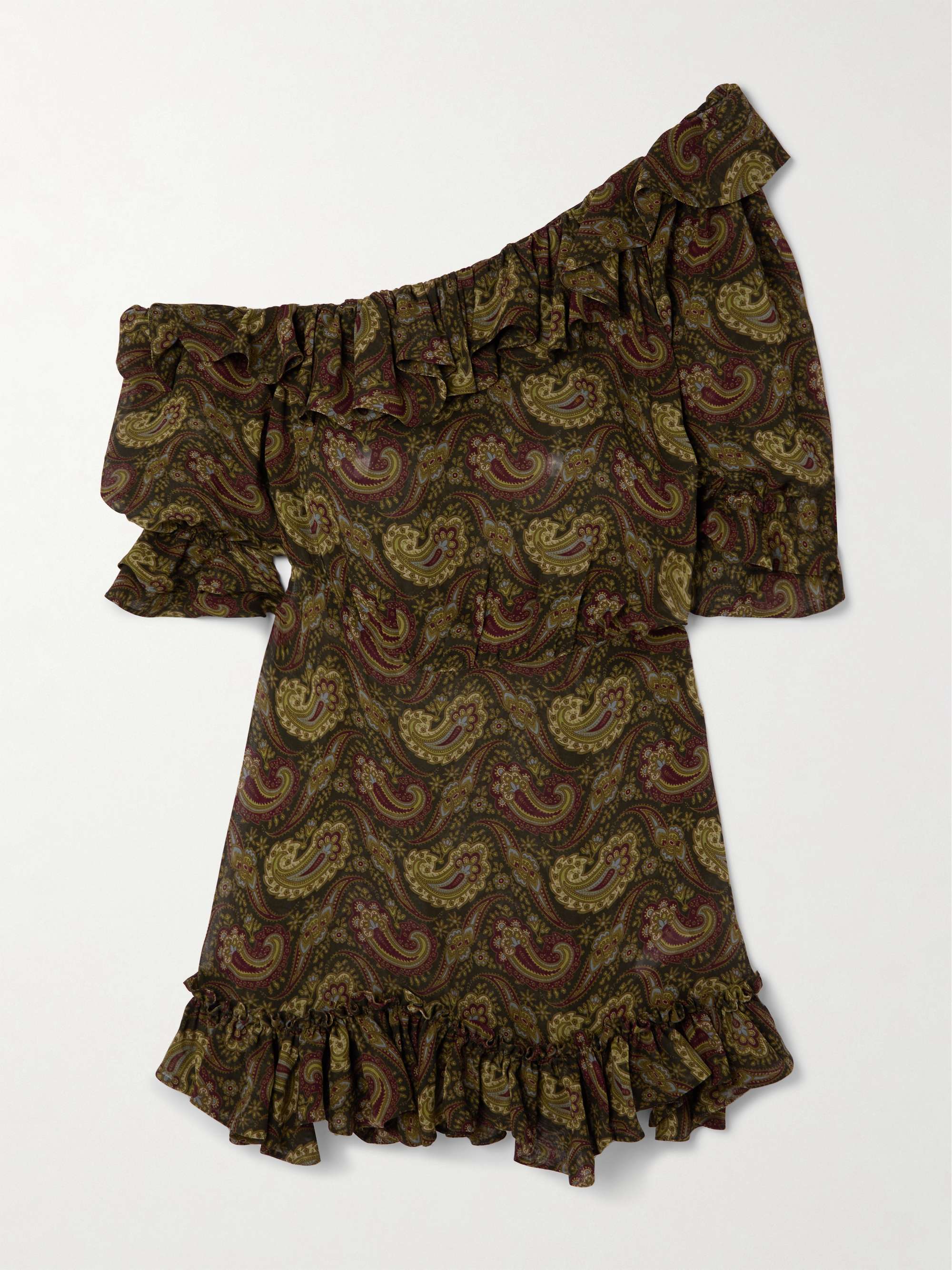 One-shoulder ruffled paisley-print georgette mini dress view