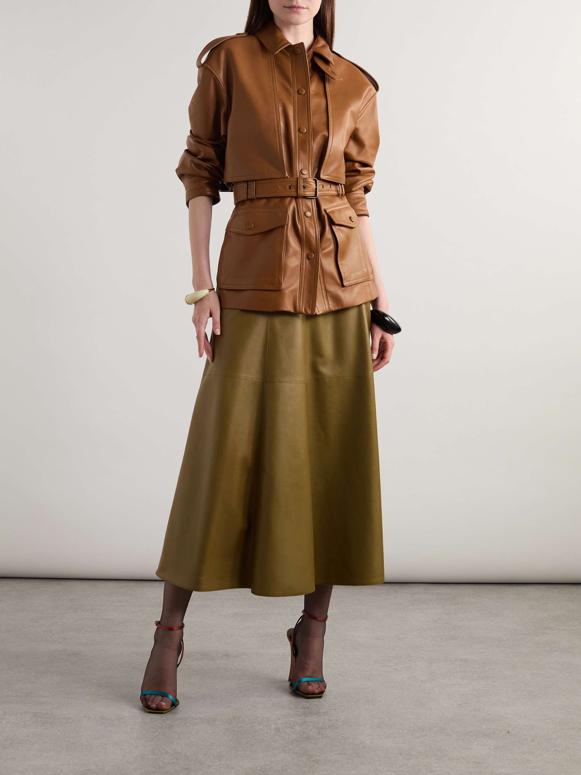 Paneled pleated leather midi skirt view