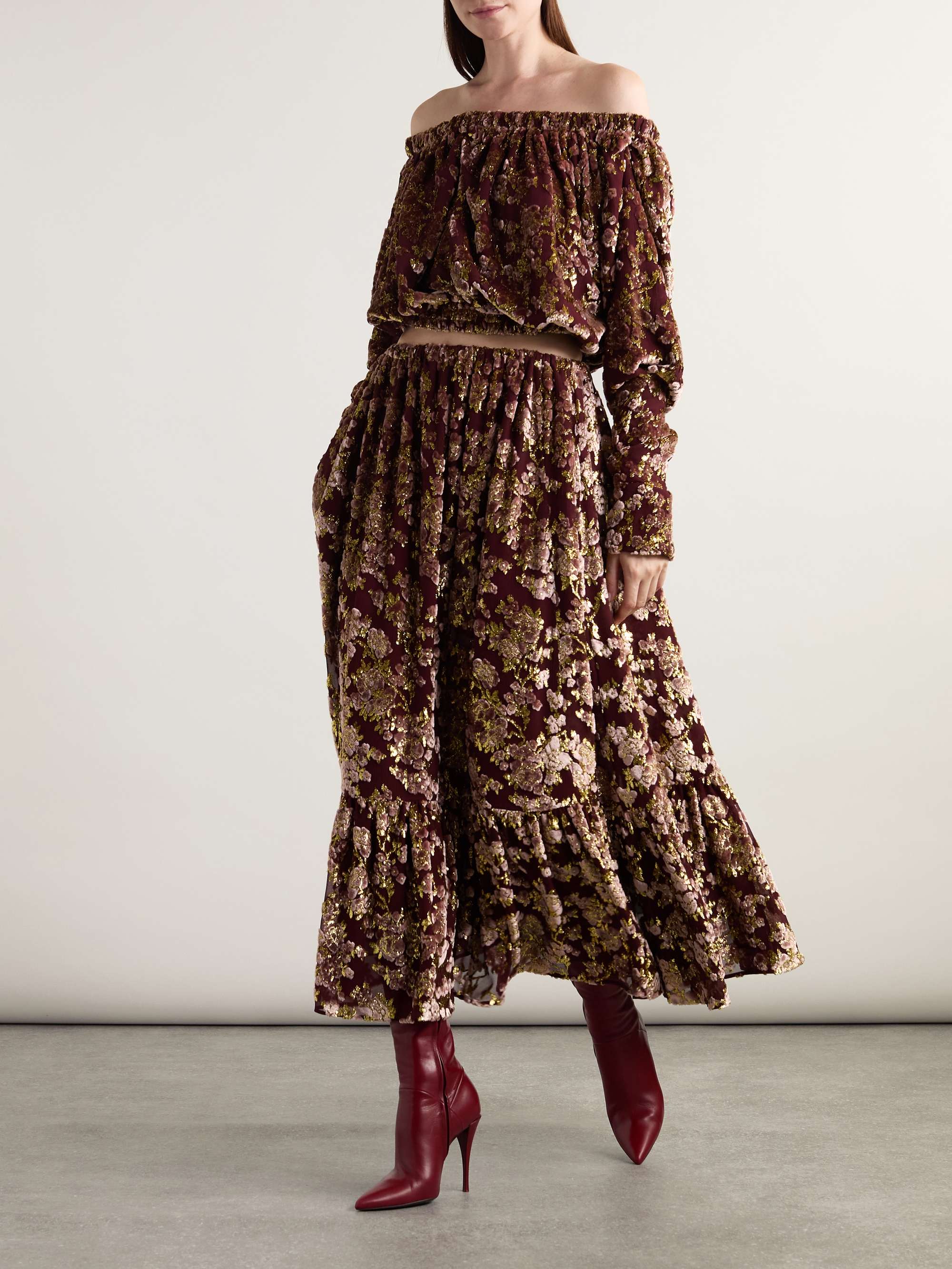 Tiered metallic devoré-velvet maxi skirt view