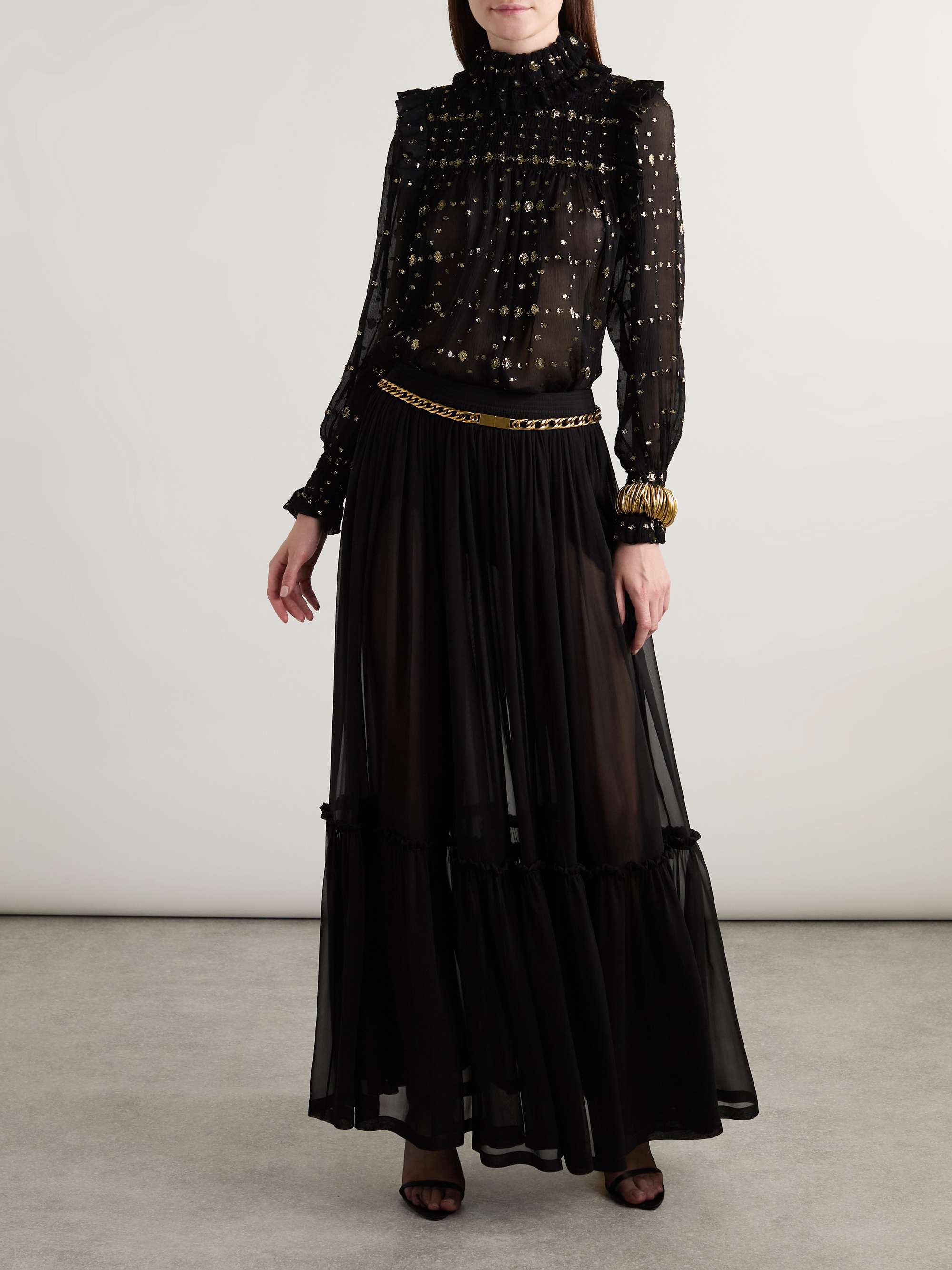 Ruffled shirred metallic silk-blend fil coupé crepon blouse view