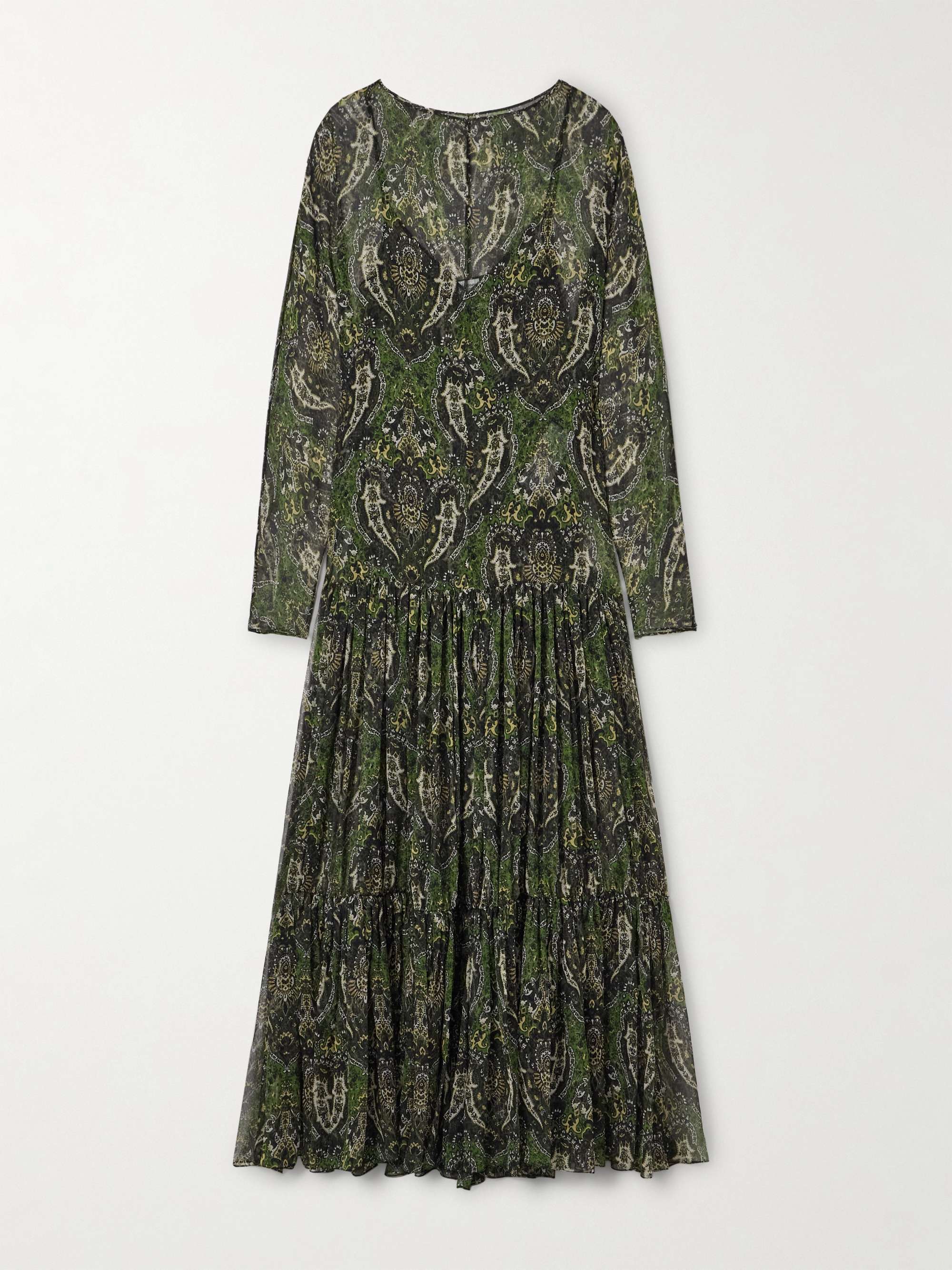 Pussy-bow shirred printed metallic silk-crepon maxi dress view