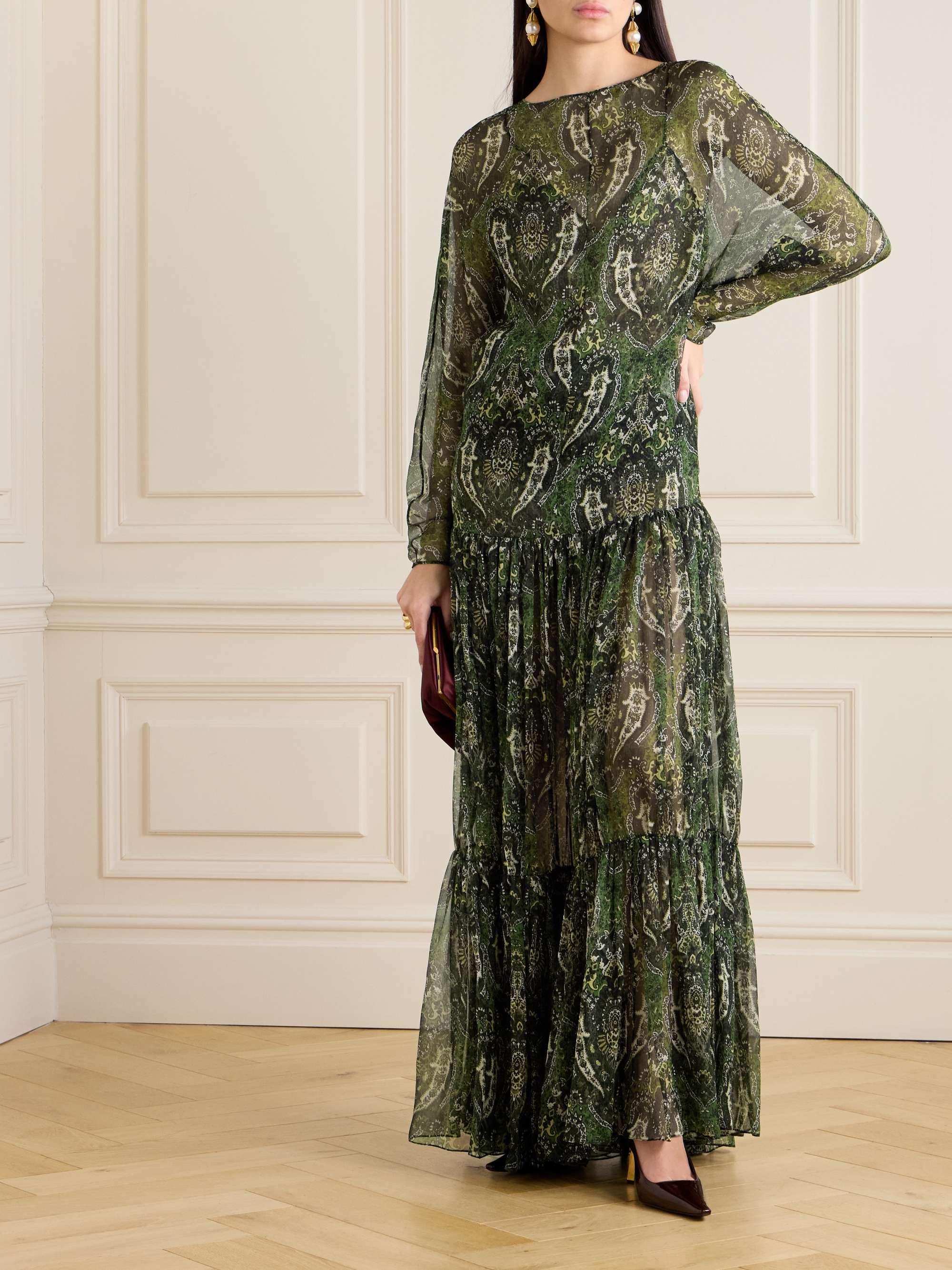 Pussy-bow shirred printed metallic silk-crepon maxi dress view