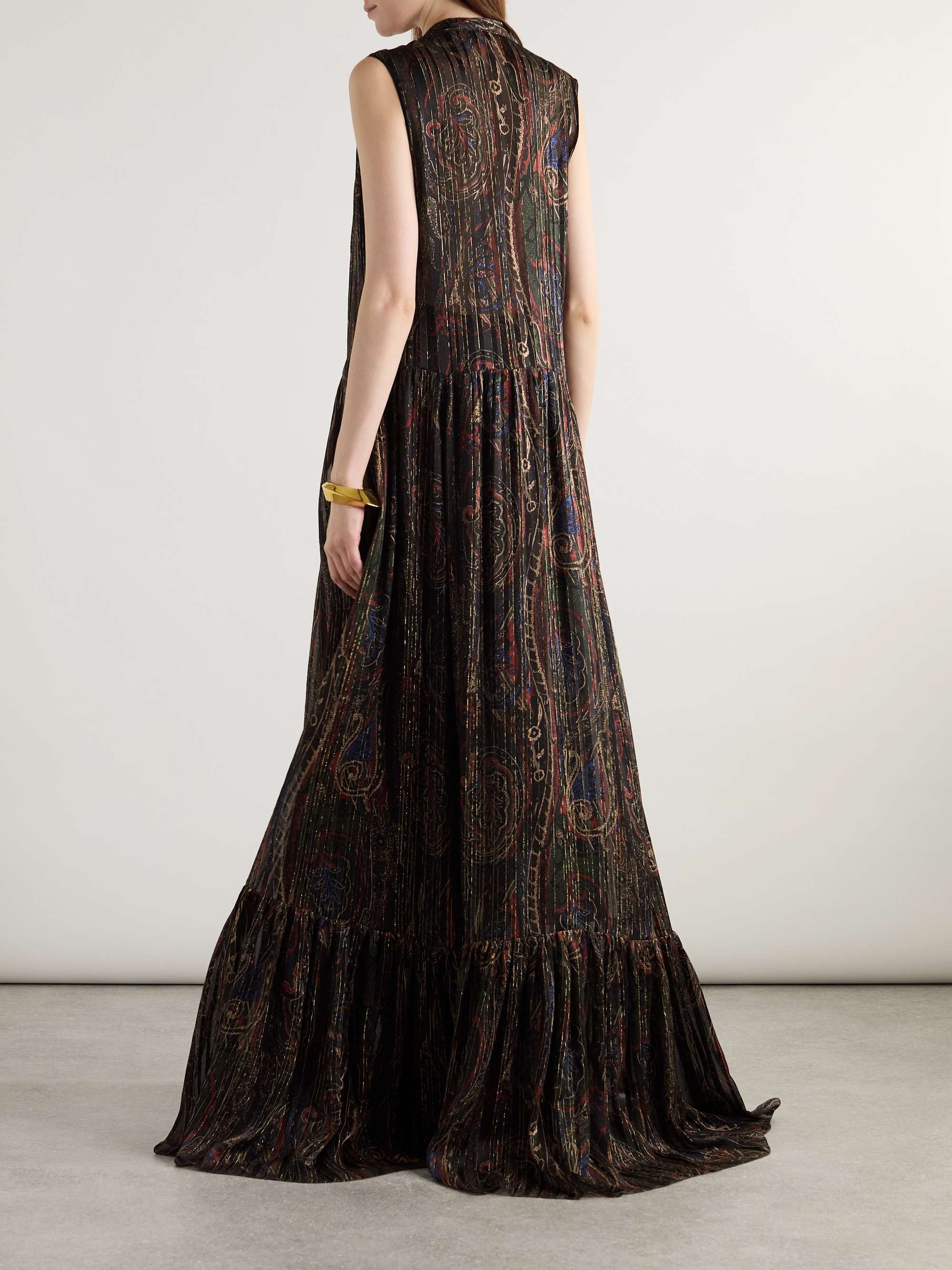 Pleated tiered paisley-print metallic silk-blend georgette maxi dress view